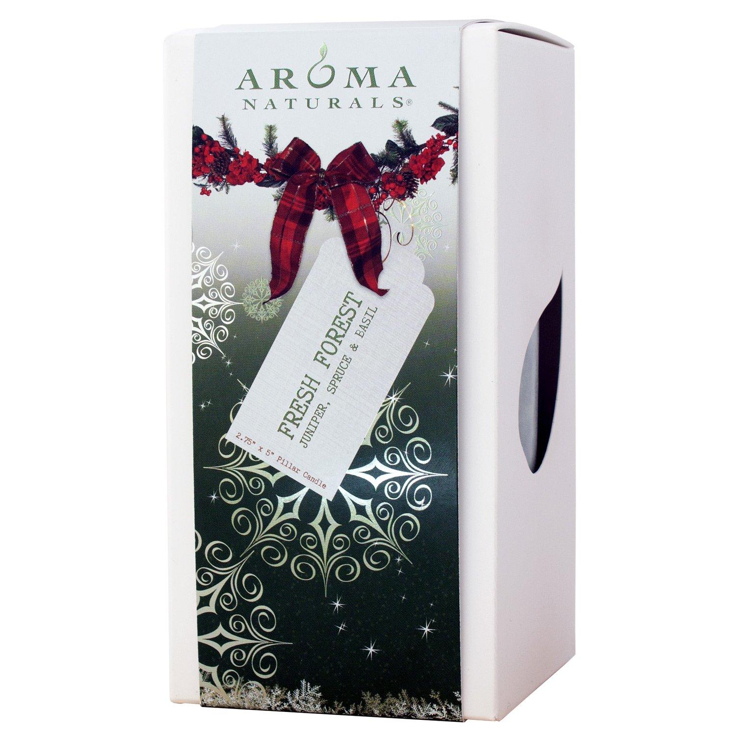 Aroma Naturals Holiday Juniper, Spruce and Basil Essential Oil Pillar Candle, Fresh Forest, 2.75 inch x 5 inch