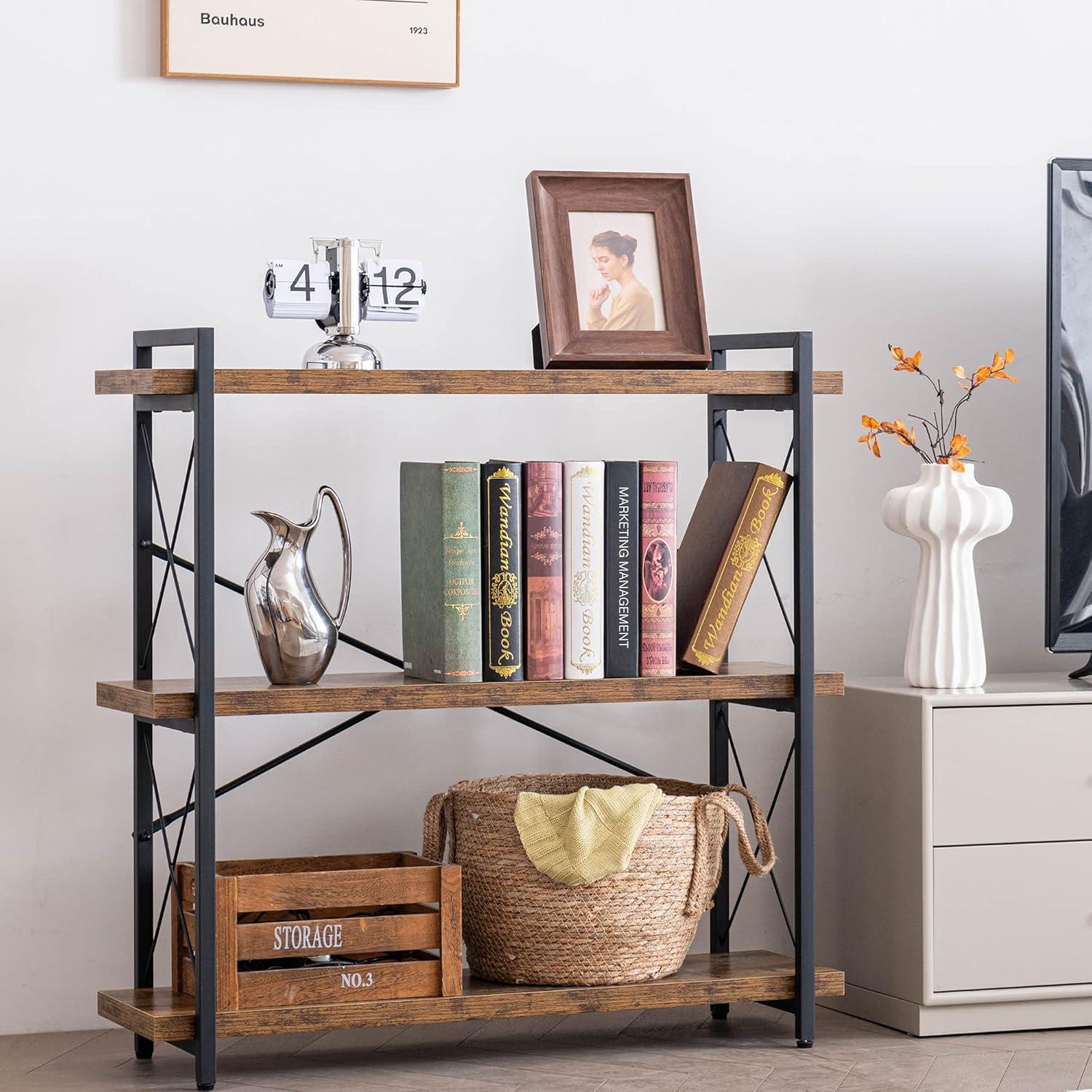 Rustic Brown 3-Tier Wood and Metal Industrial Bookshelf