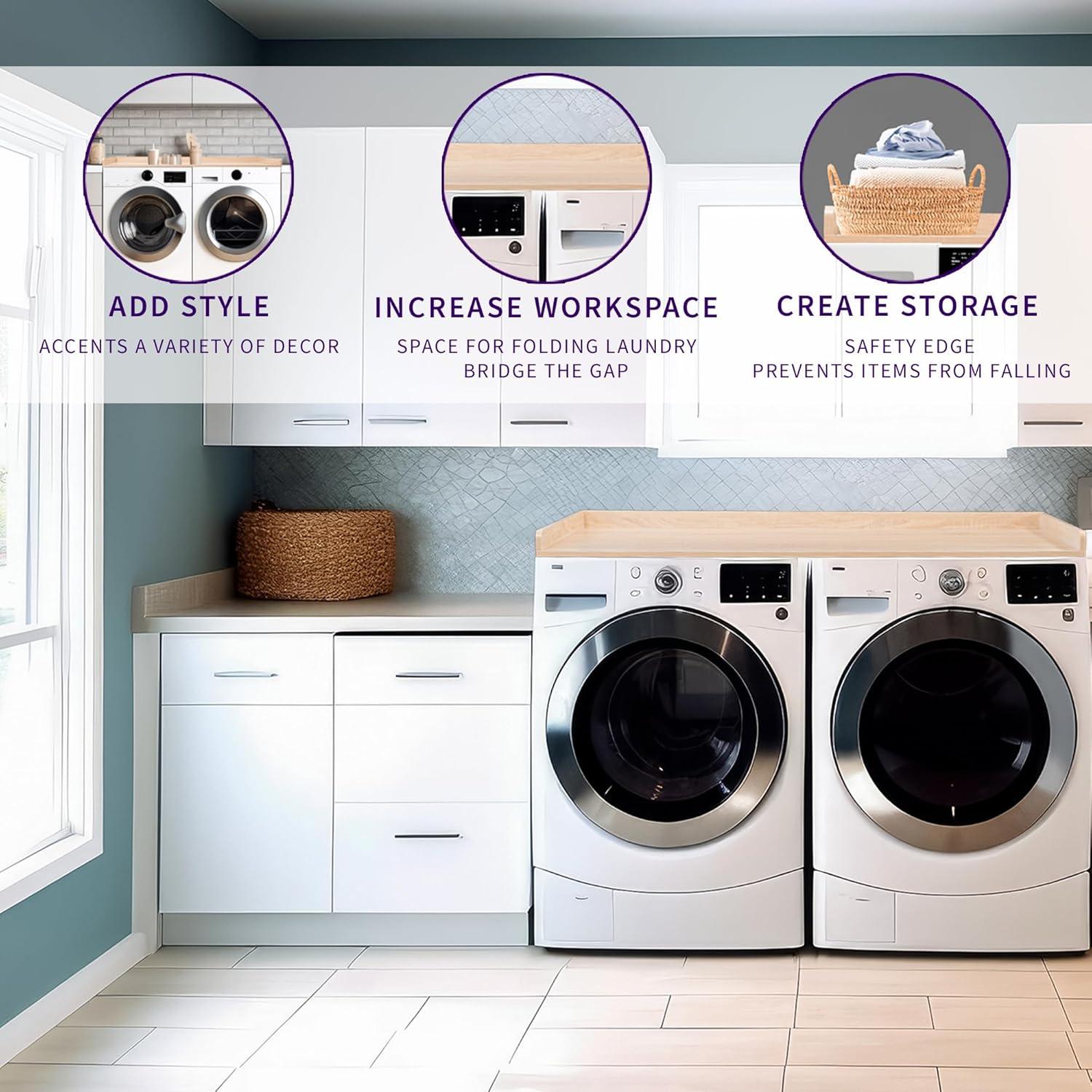 Washer Dryer 54 inch Countertop with Safety Ledge for Laundry Room Organization, Light Wood, LF-WDCT1C
