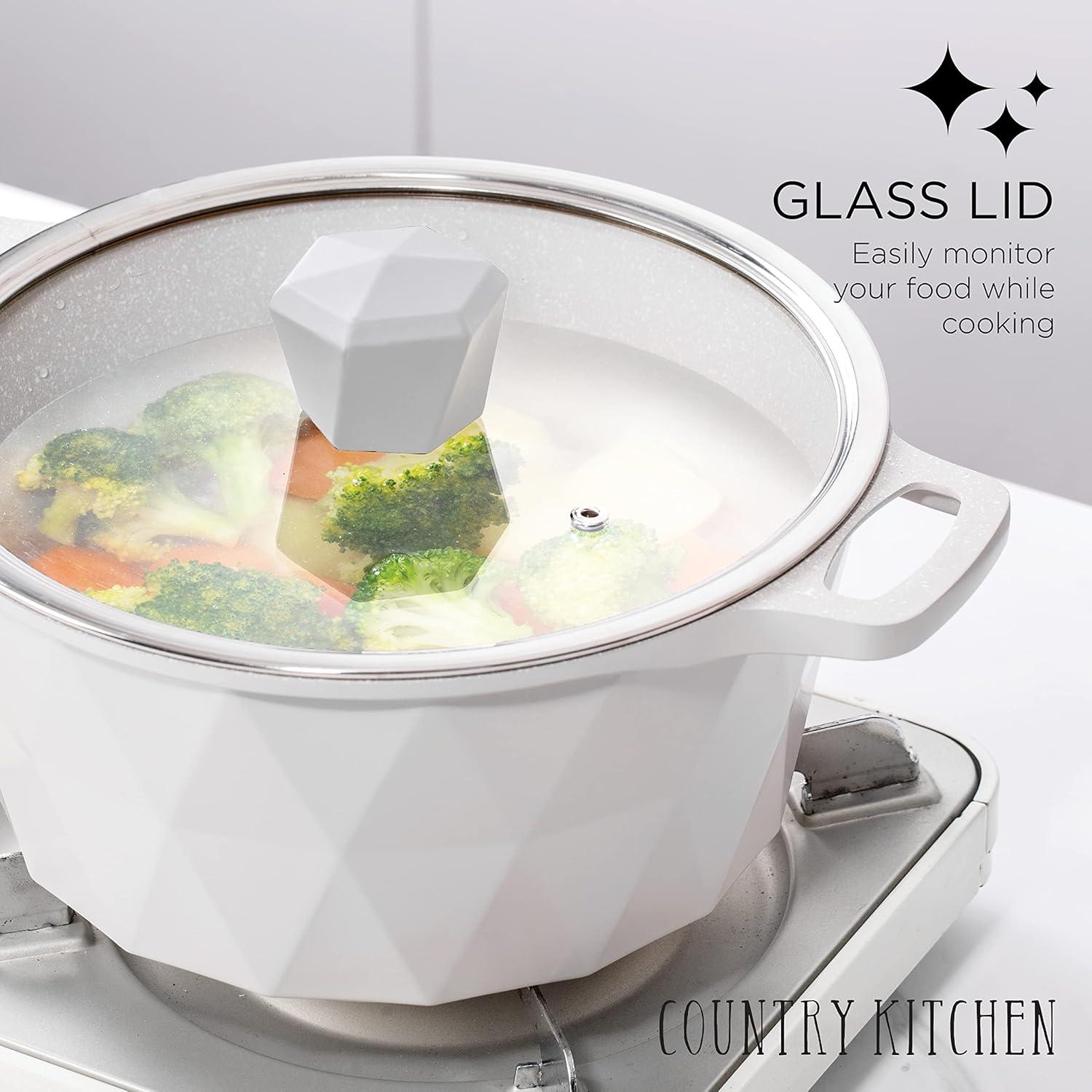 Country Kitchen 11-Pc Cast Aluminum Cookware Set Non Stick Pots and Pan Set, Cream Diamond