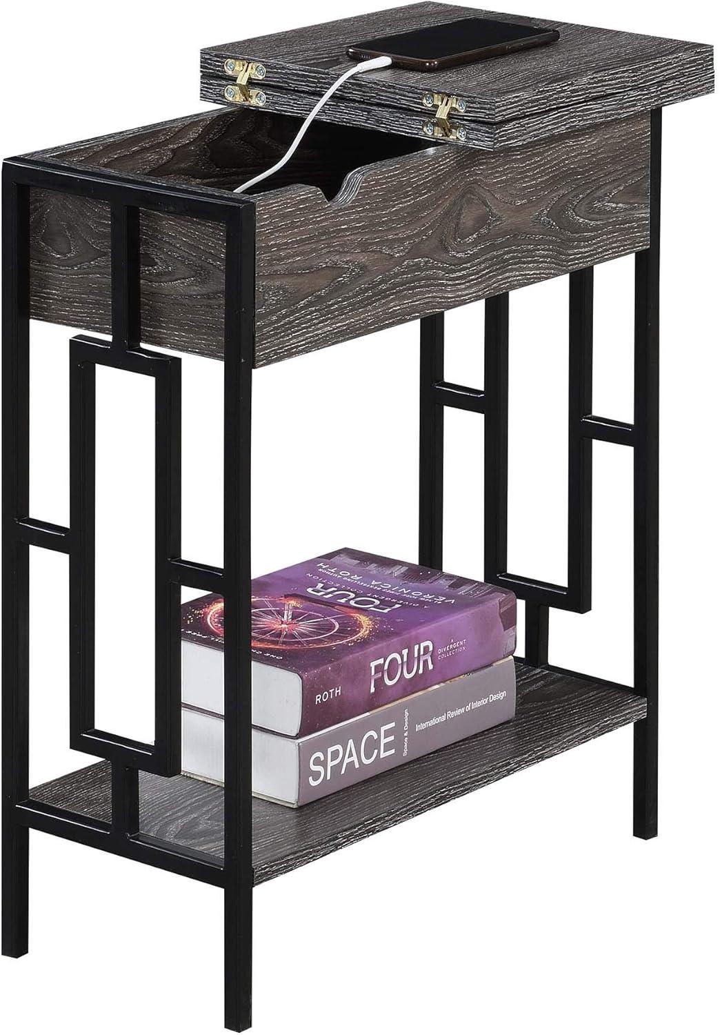 Town Square Flip Top End Table with Charging Station and Shelf, Weathered Gray/Black