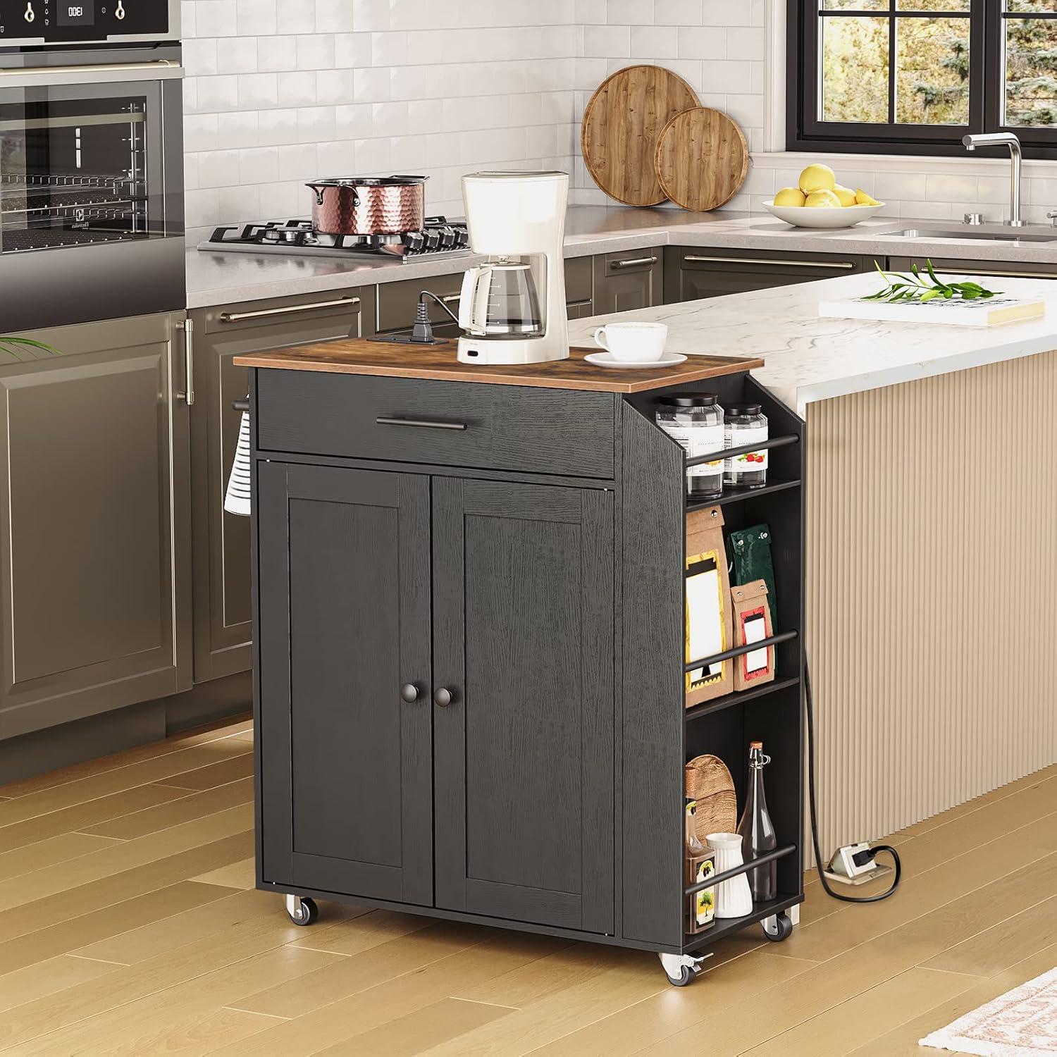 Rustic Brown and Black Rolling Kitchen Island with Power Outlet