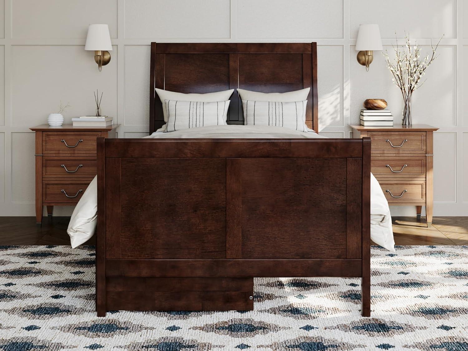 Walnut Twin XL Platform Bed with Sleigh Headboard and Storage Drawers