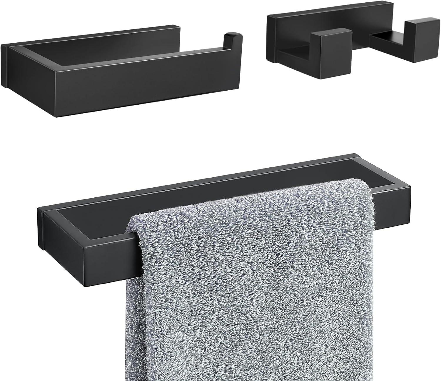 3 Pieces Matte Black Bathroom Hardware Accessories Set,SUS304 Stainless Steel Towel Holder Set Towel Holder Robe Hook Toilet Paper Holder Wall Mounted