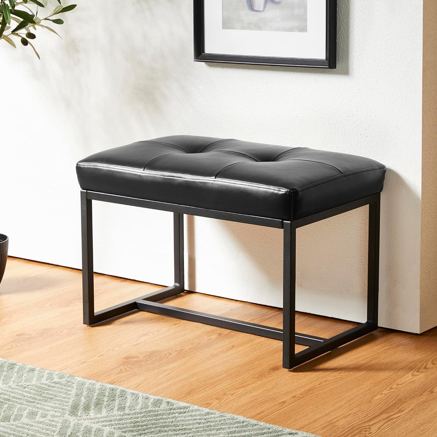 Modern Black Faux Leather Tufted Ottoman with Metal Frame