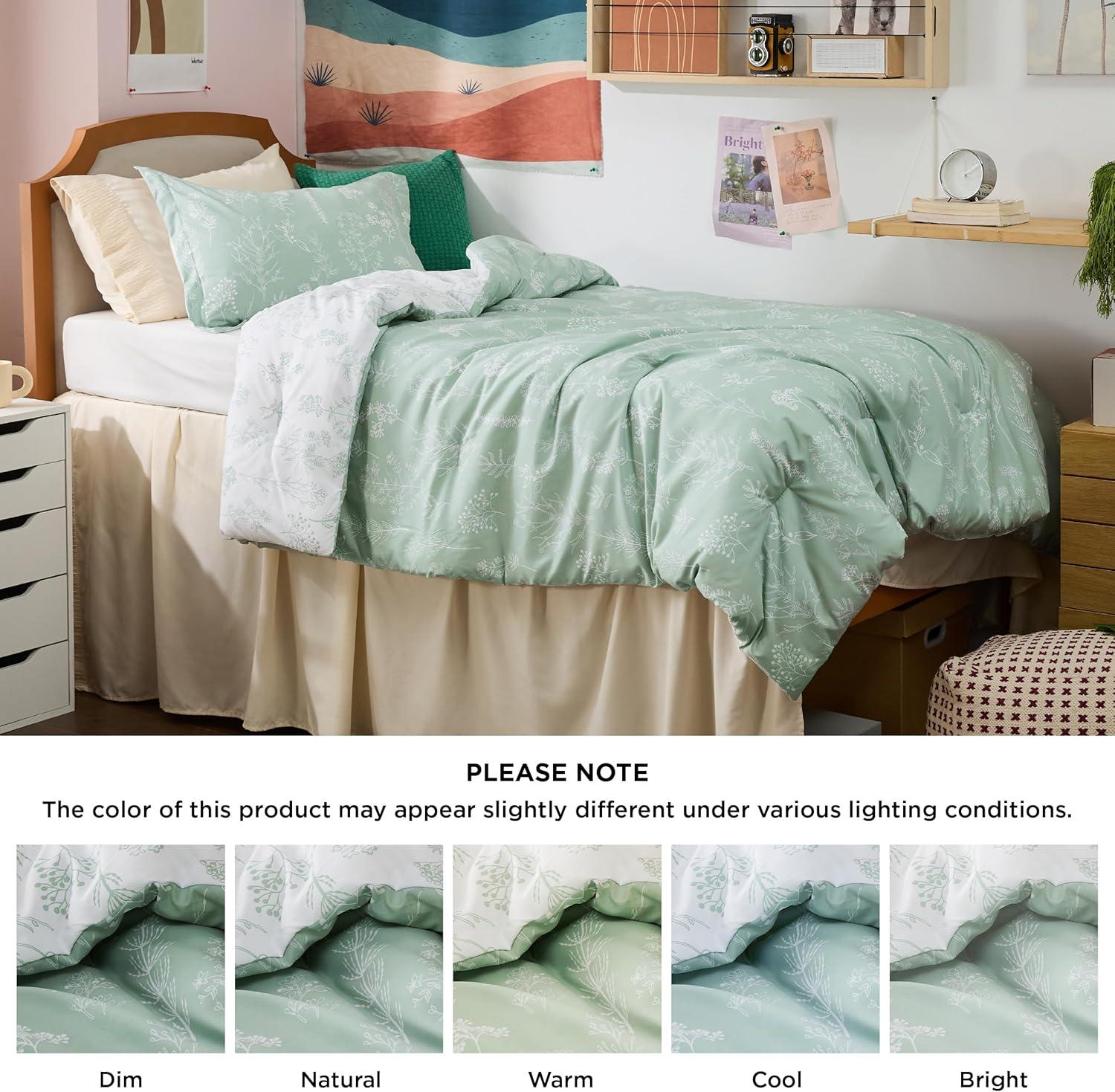 2 Pcs Floral Printed Reversible Sage Green Comforter Set Twin/Twin XL Size Soft Designed Plants Pattern Bedding Set - Bedsure