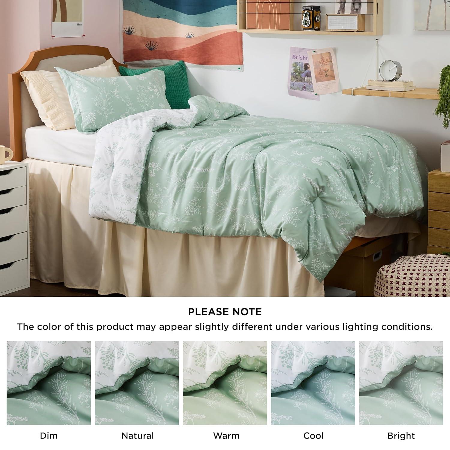2 Pcs Floral Printed Reversible Sage Green Comforter Set Twin/Twin XL Size Soft Designed Plants Pattern Bedding Set - Bedsure