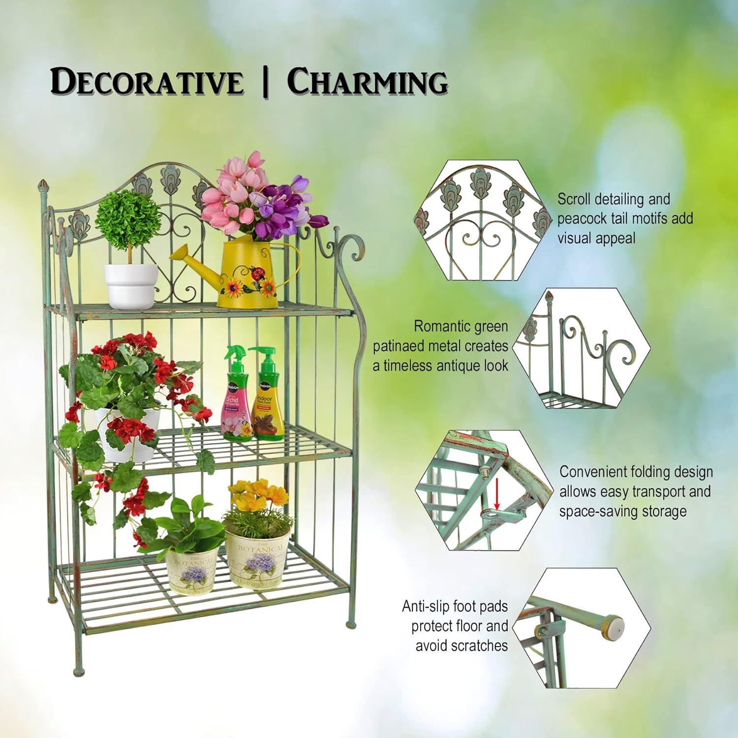 Pre-Assembled Folding Metal Shelf | Plant Stand | Shelving Unit | Bookcase | Outdoor Baker's Rack with Scrolling Heart & Peacock Tail Motif