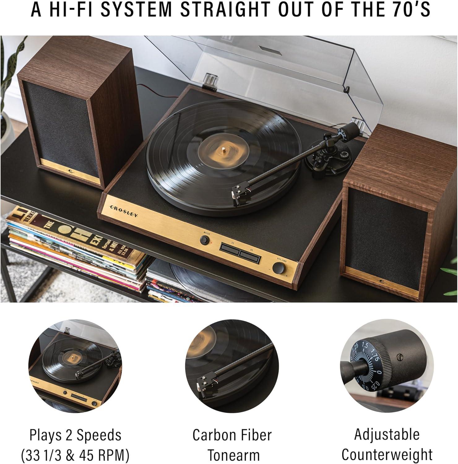 Crosley C72 Bluetooth Vinyl Record Player 120W Speakers, 2-Speed Belt-Drive Turntable, Anti-skate