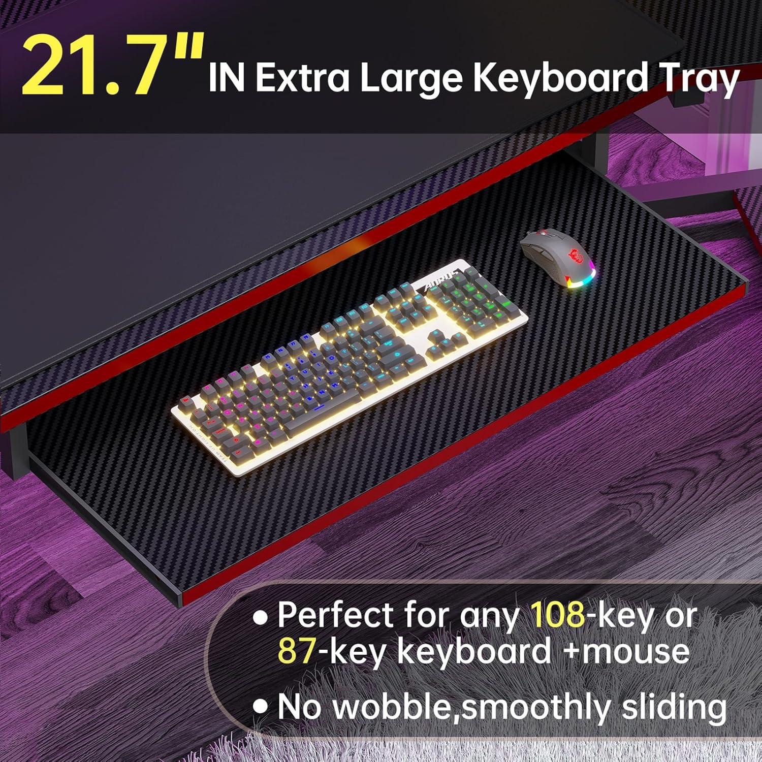 79" Gaming Desk, Computer Desk with 2 Fabric Drawers & LED Light, L Shaped Gaming Desk with Storage Shelf for Home Office, Carbon Fiber Black&Red