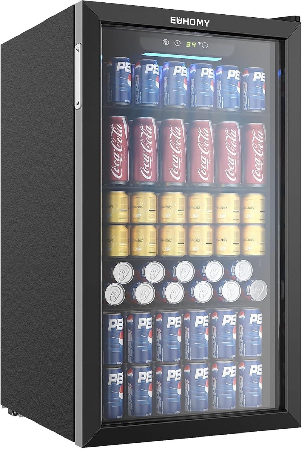 Black Compact Glass Door Beverage Refrigerator with Adjustable Shelves