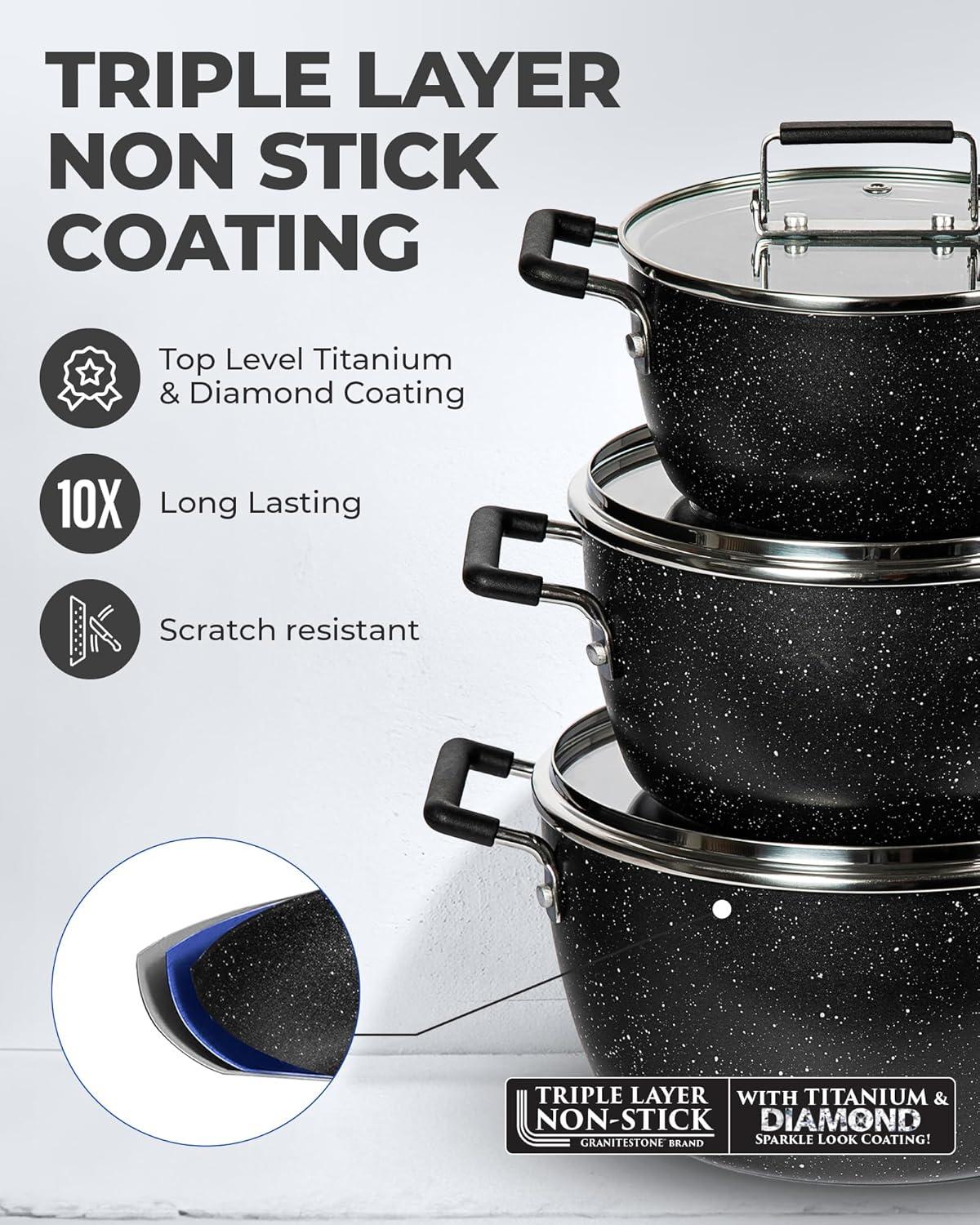 Granitestone Granitestone 6 Piece Stackable Nonstick Nesting Pots with Lids, Dishwasher Safe