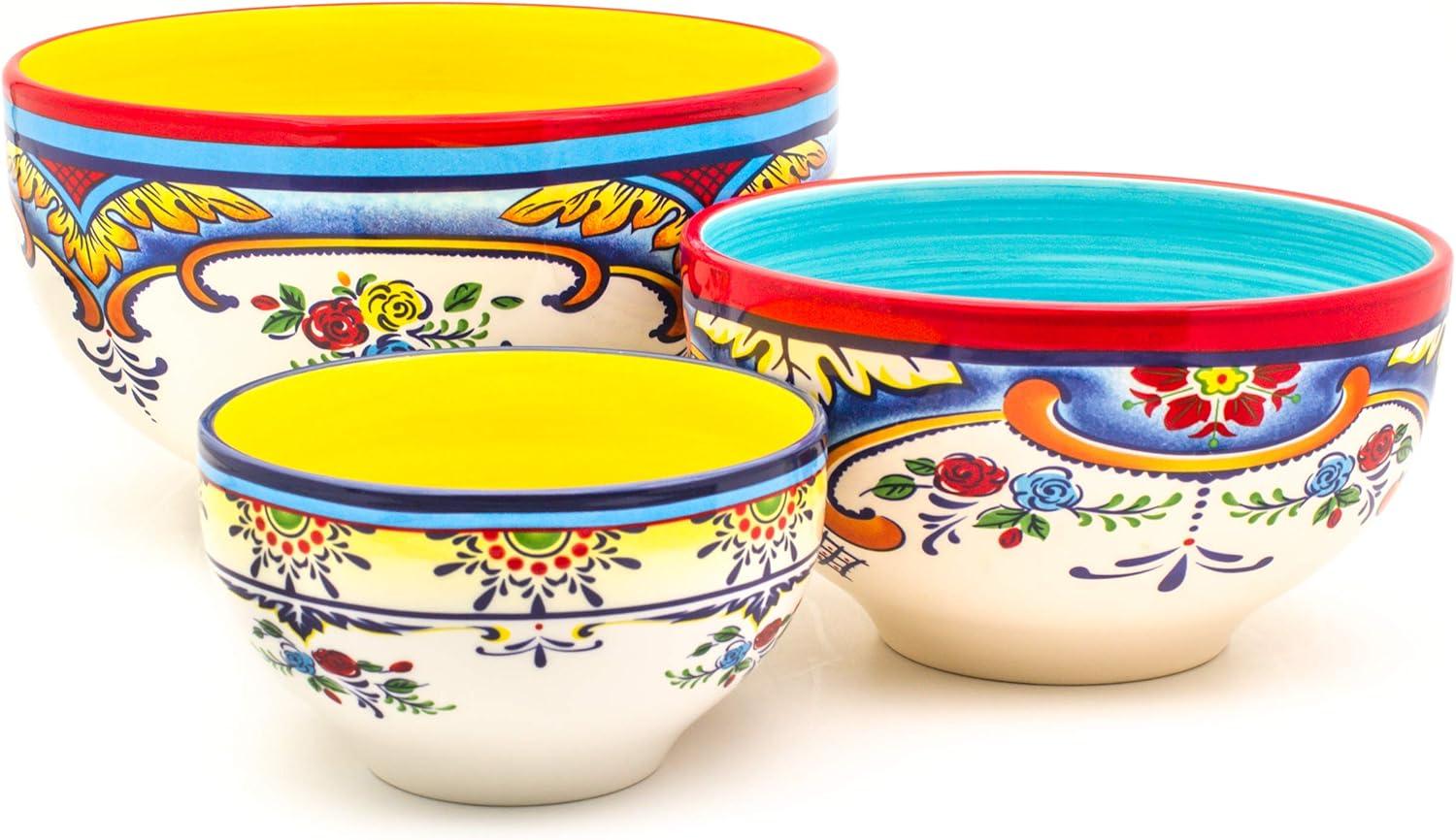 Colorful Ceramic Floral Motif Serving Bowl Set