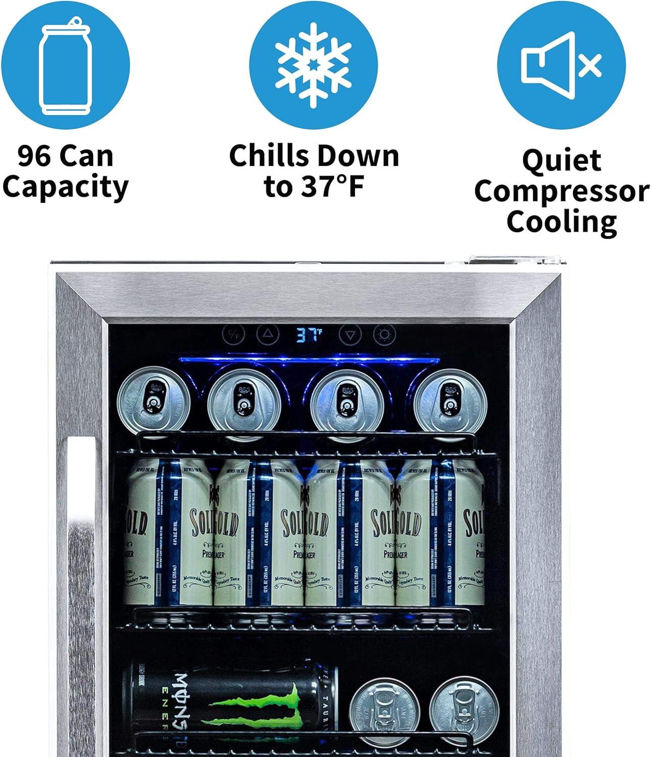 Newair 15" Built-in 96 Can Beverage Fridge in Stainless Steel with Precision Temperature Controls