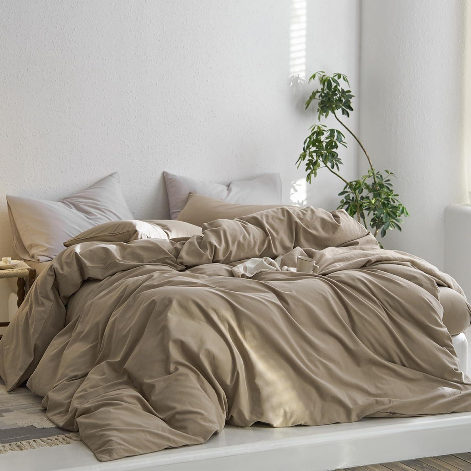 MooMee Washed Cotton Duvet Cover Set Linen Like Textured Breathable 3-Piece (Brown, Queen)
