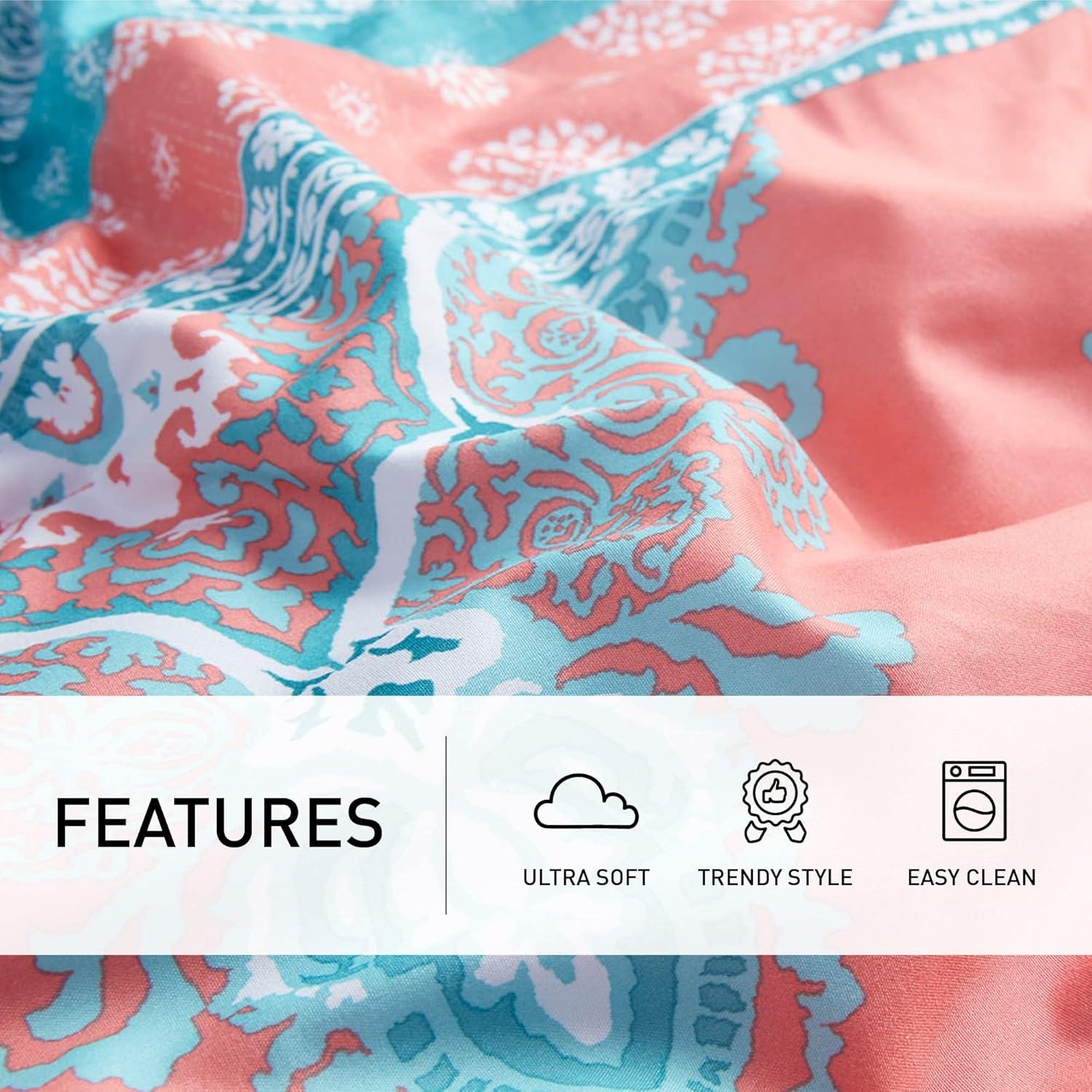 Boho Coral and Aqua Microfiber Queen Bed-in-a-Bag Set