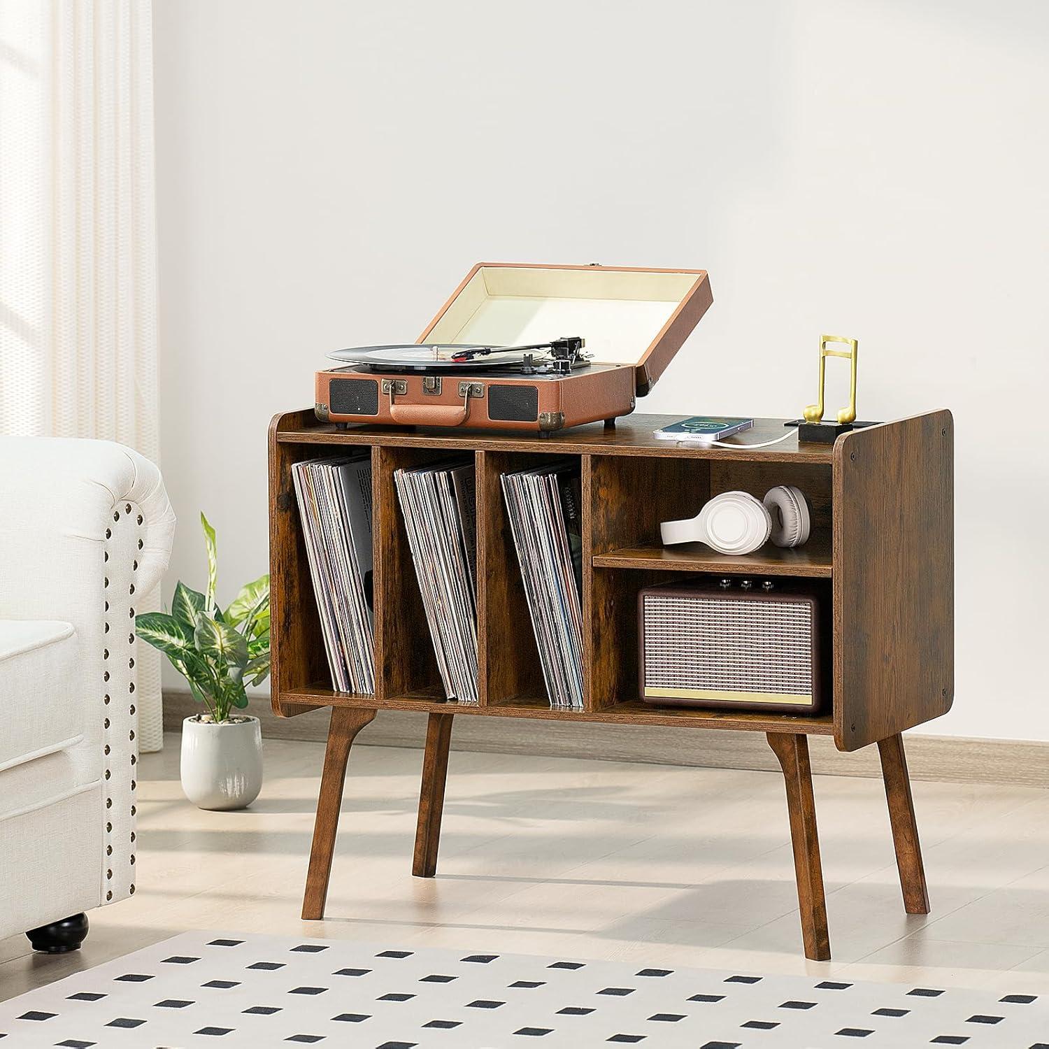 Brown Beech Wood Record Player Stand with Cabinet