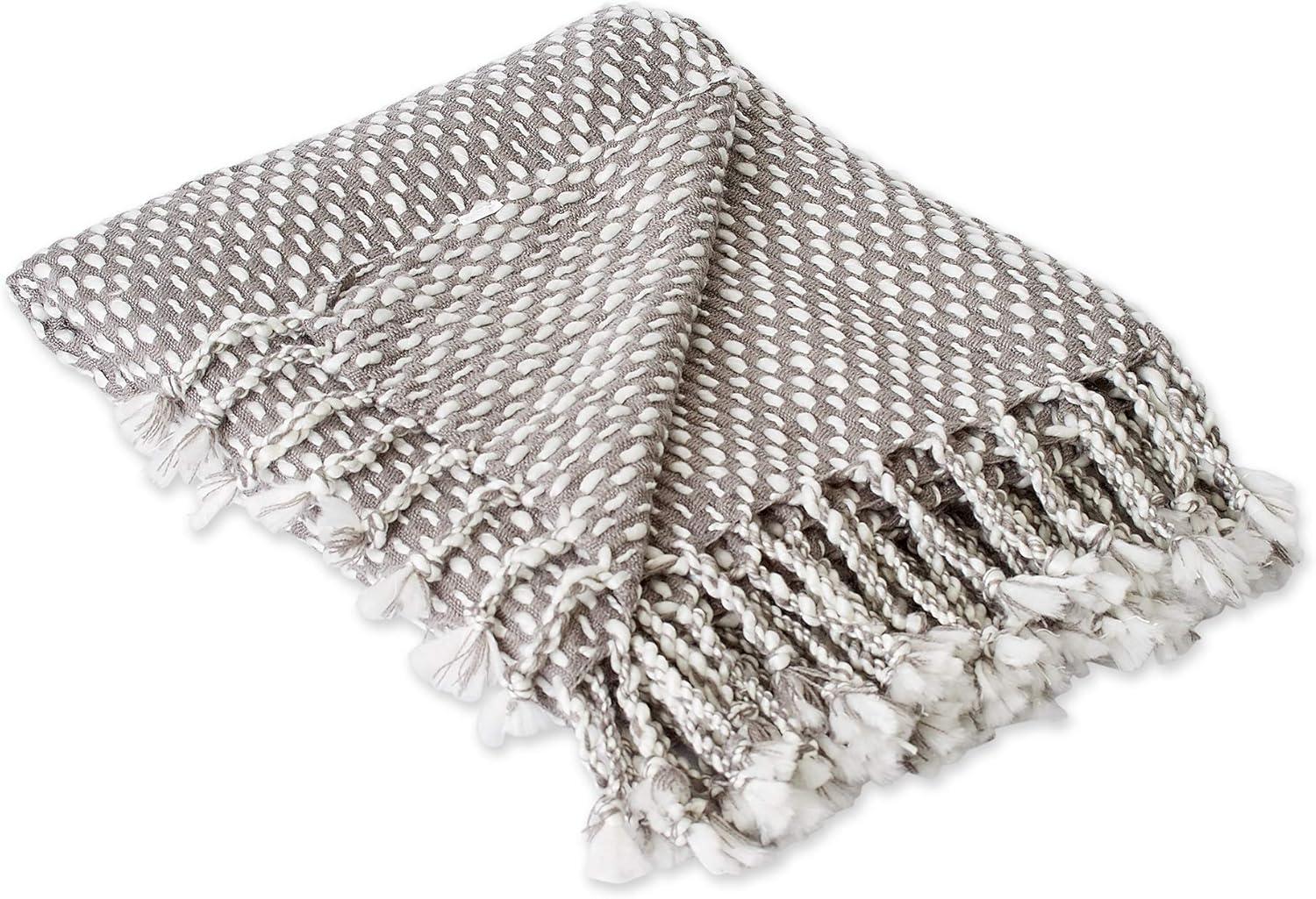 Gray and White Cotton Textured Throw Blanket with Fringe