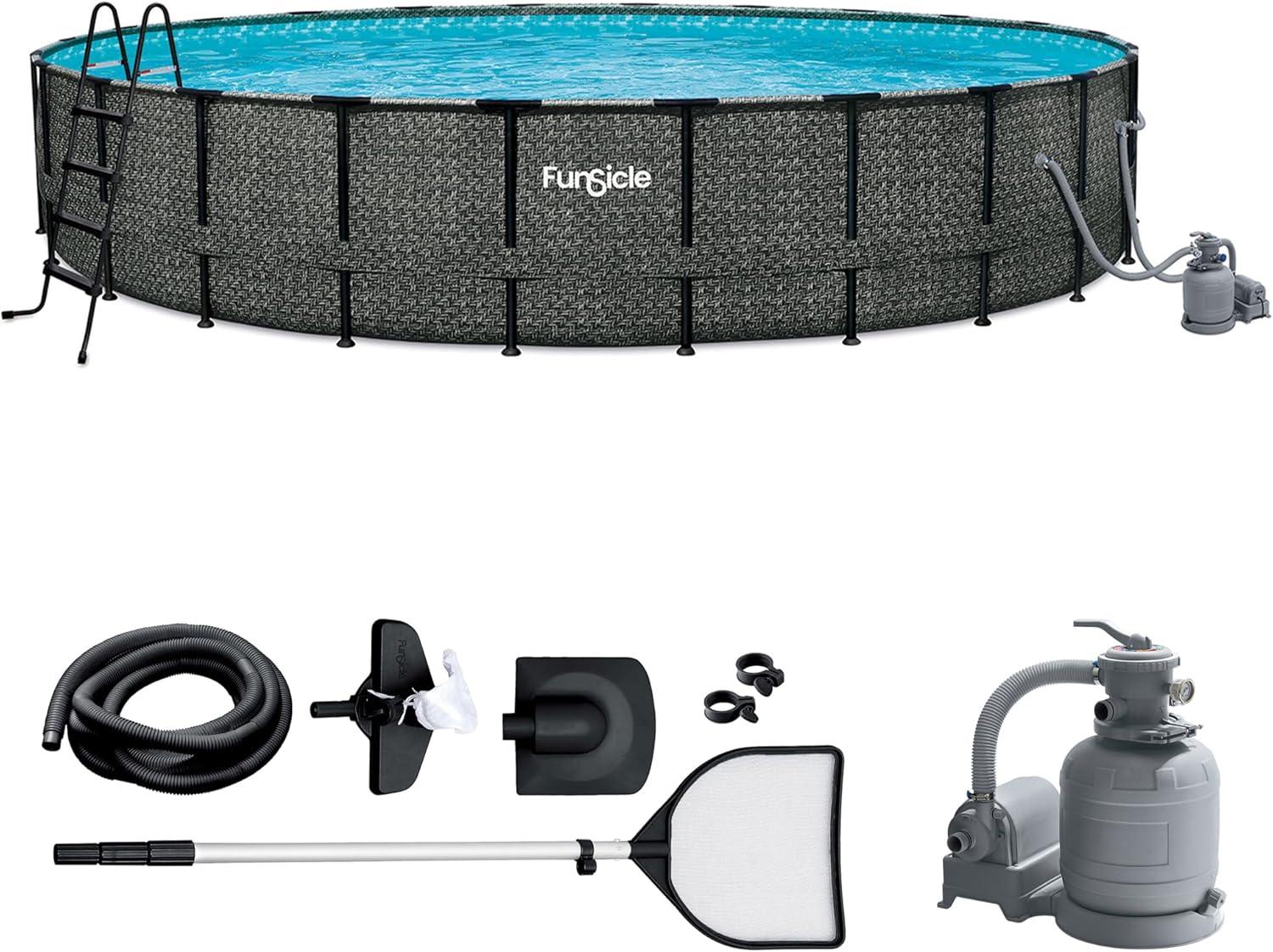 Funsicle 24 Feet by 52 Inches Oasis Designer Round Frame Above Ground Swimming Pool with SkimmerPlus Filter Pump and Cover, Dark Herringbone Pattern