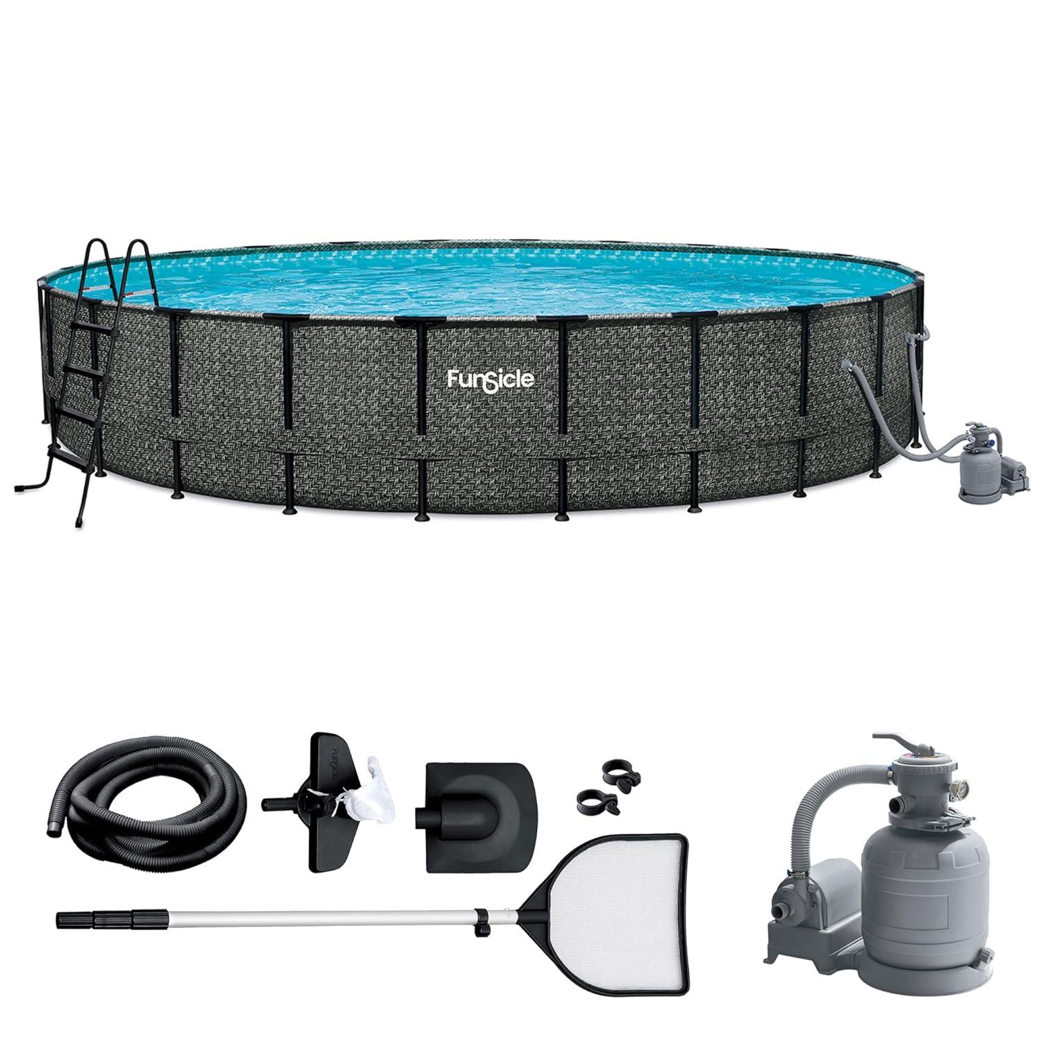 Funsicle 24 Feet by 52 Inches Oasis Designer Round Frame Above Ground Swimming Pool with SkimmerPlus Filter Pump and Cover, Dark Herringbone Pattern