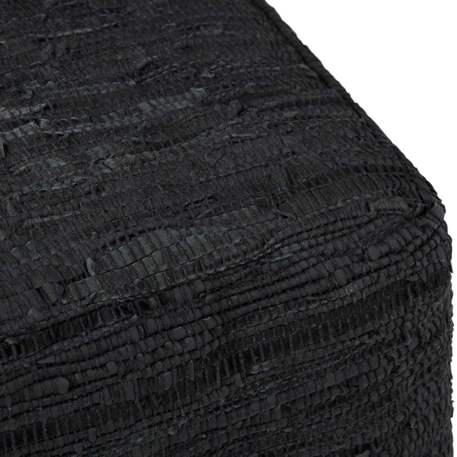 Fredrik Hand-Braided Black Leather Square Pouf Ottoman