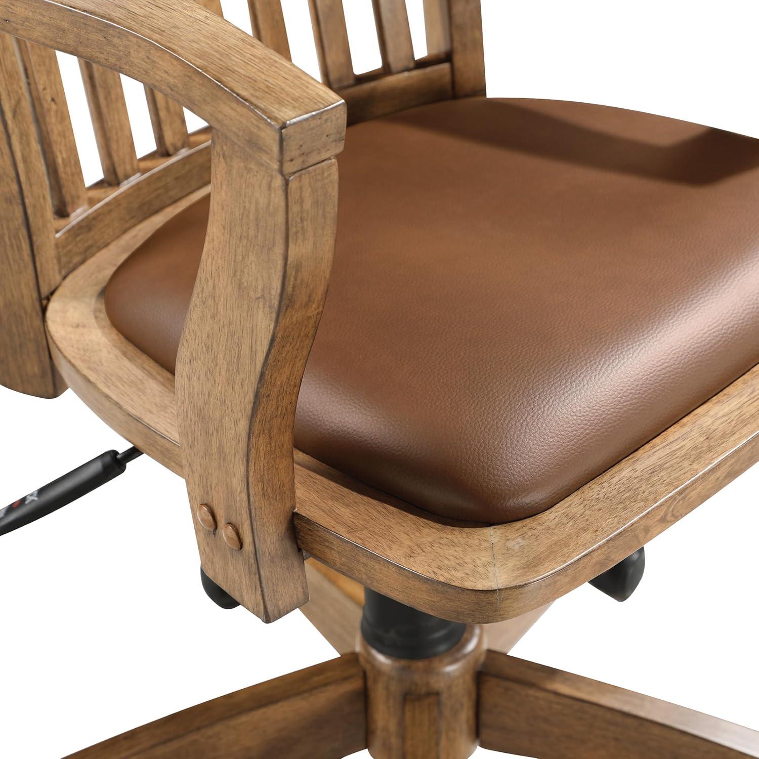 Deluxe Fruitwood Finish Wood Banker's Desk Chair with Brown Vinyl Seat