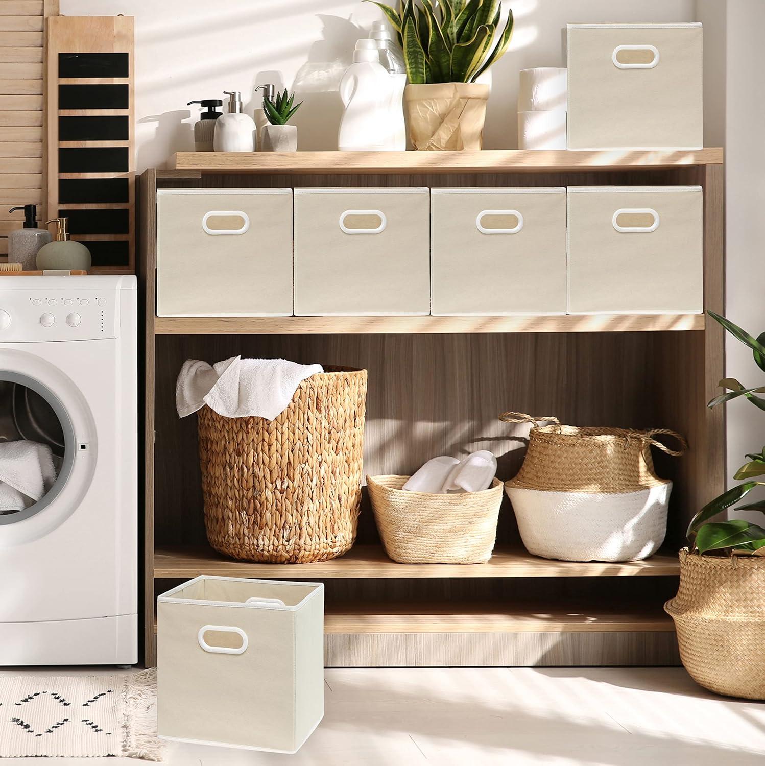Simple Houseware Foldable Cube Storage Bin with Handle, 6 Pack, Beige