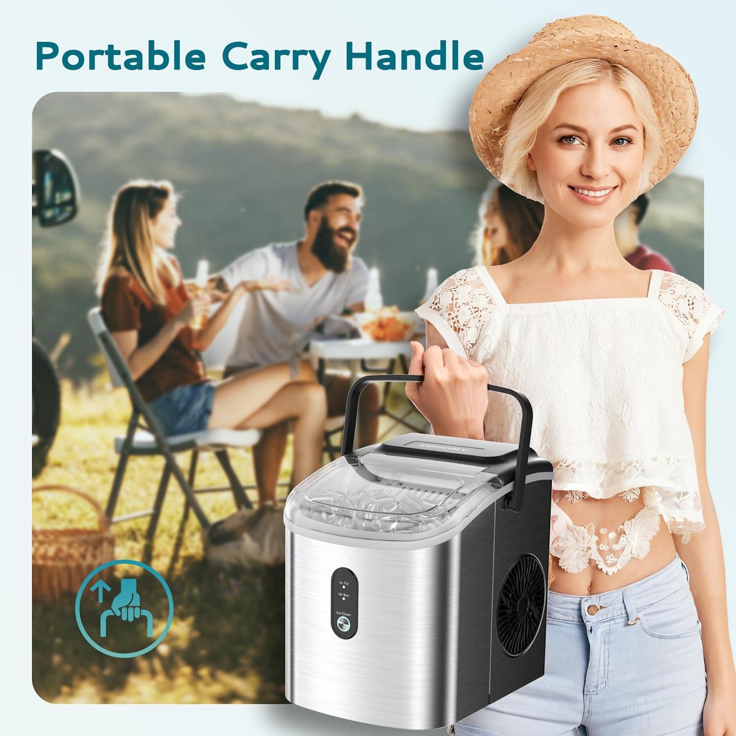 Countertop Ice Maker Machine with Handle, 26.3lbs per Day, 9 Cubes in 6 Mins, Auto-Cleaning Portable Ice Maker with Basket and Scoop, for Home/Kitchen/Camping/RV. (Silver)