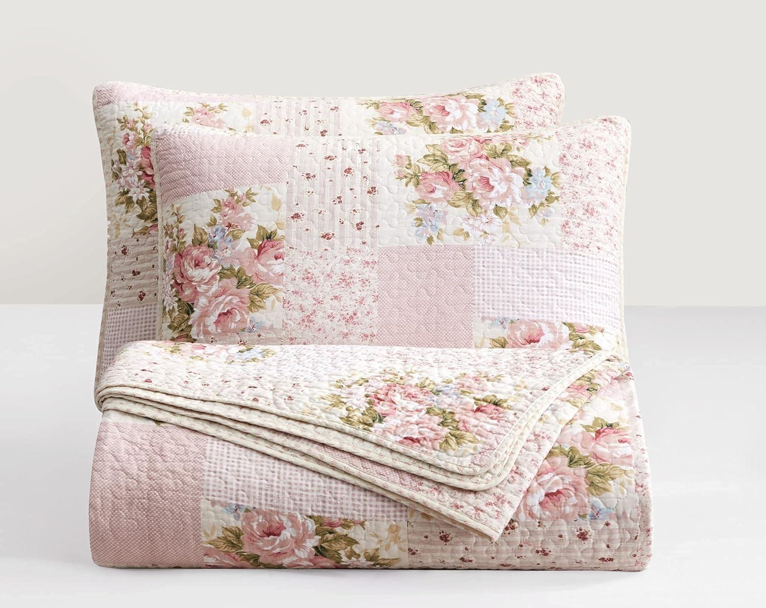 Pink Floral Patchwork Twin Reversible Cotton Quilt Set