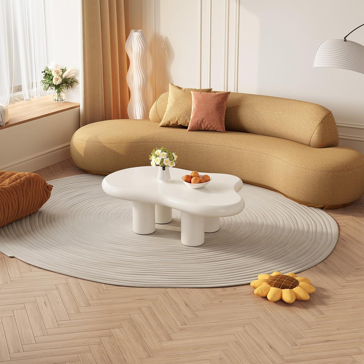 Guyii 41.02" Cream White Cloud Coffee Table, Irregular Coffee Table with 3 Legs for Living Room, Office