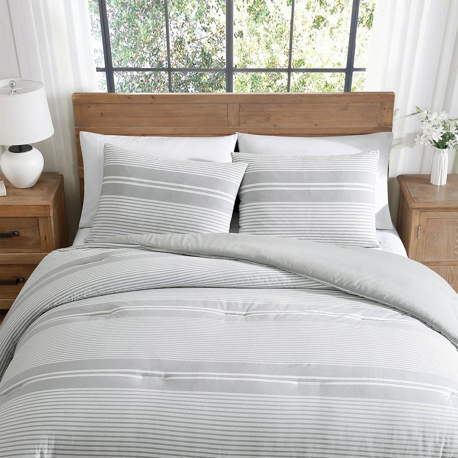 Tahari Gwen 3-Piece White/Grey Waffle Stripe Cotton Comforter Set