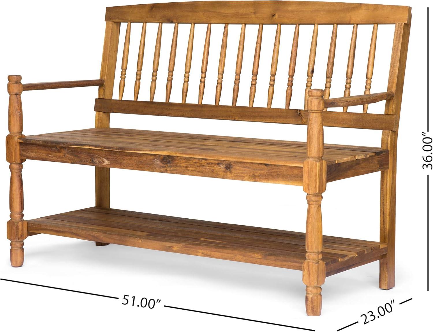 Eddie Teak Finish Farmhouse Acacia Wood Bench with Shelf