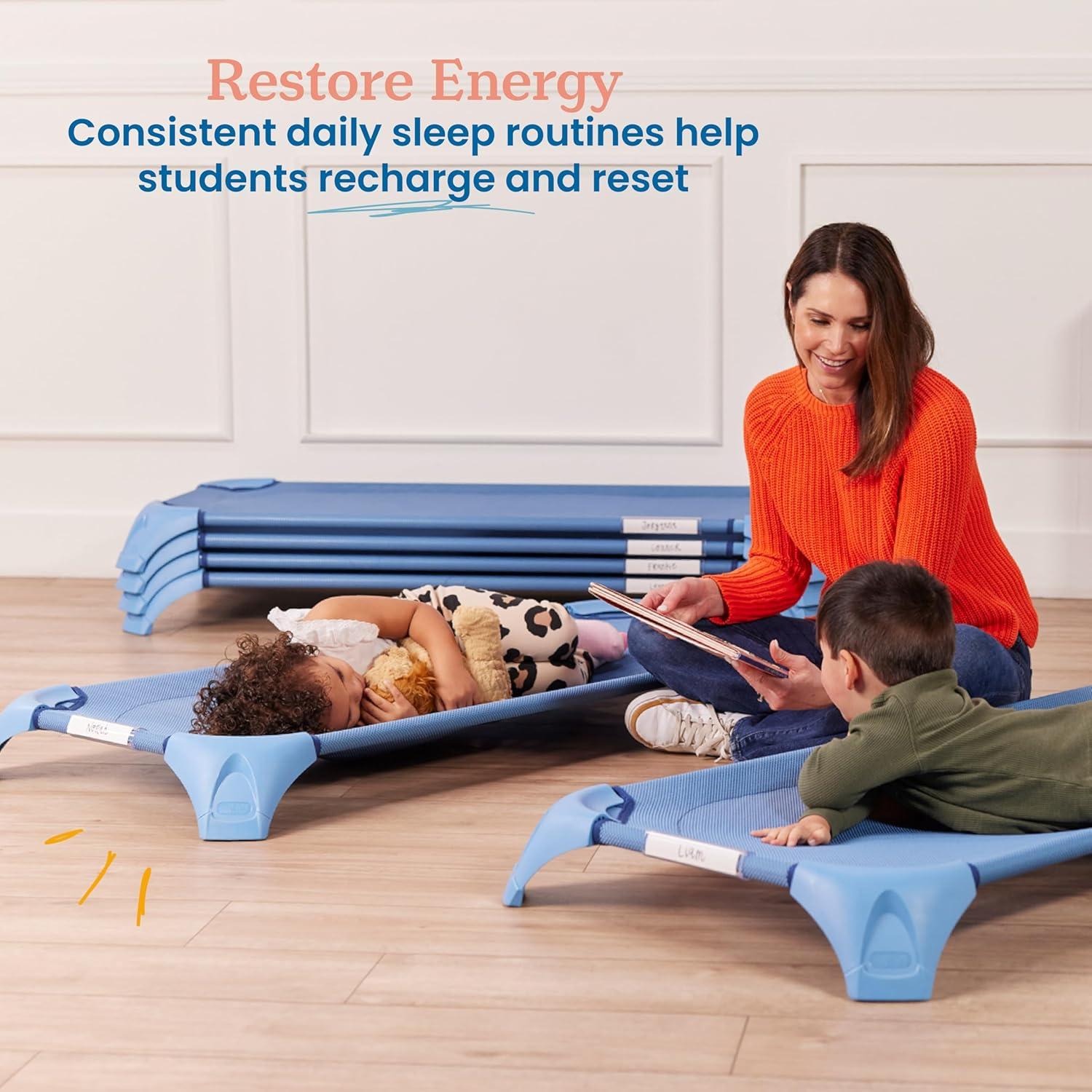 ECR4Kids ECR4Kids Stackable Kiddie Cot with Sheet, Classroom Furniture, Blue (Set of 6)