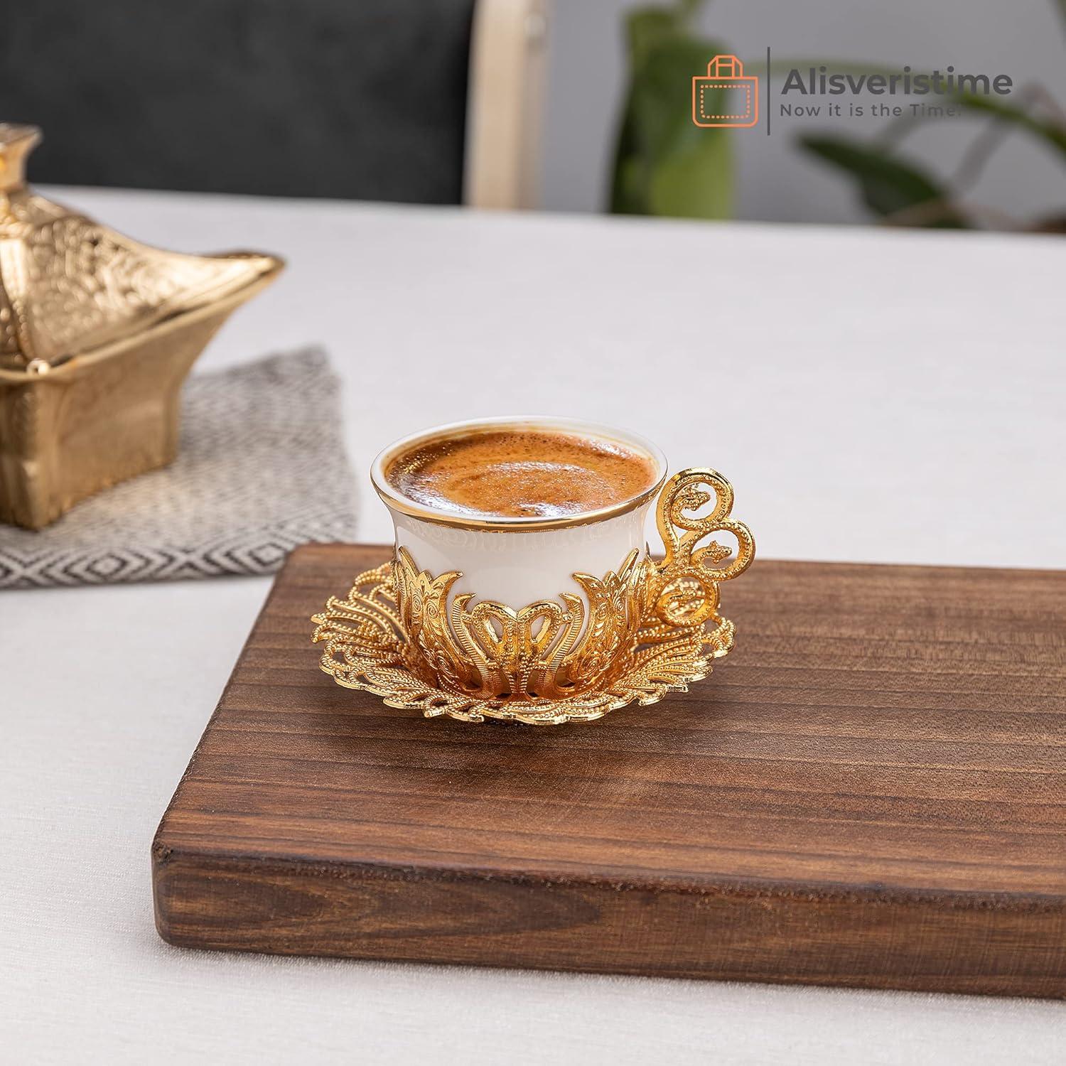 Gold and White Turkish Coffee Cup Set with Saucers