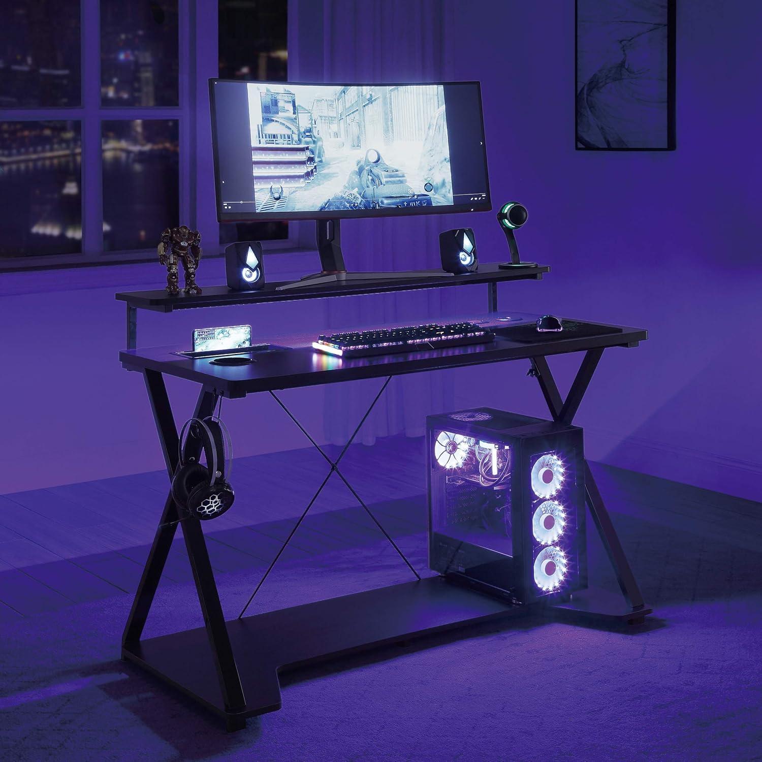 OSP Home Furnishings Checkpoint Ghost Battlestation Gaming Desk with RGB LED Lights