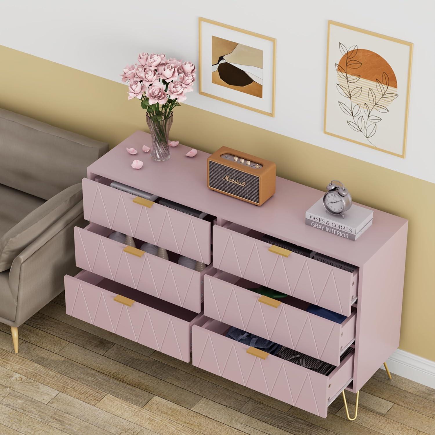 UEV 6 Drawer Dresser for Bedroom,Pink Dresser with Wide Drawers and Metal Handles,Modern Chest for Bedroom,Living Room,Entryway(Large Pink)
