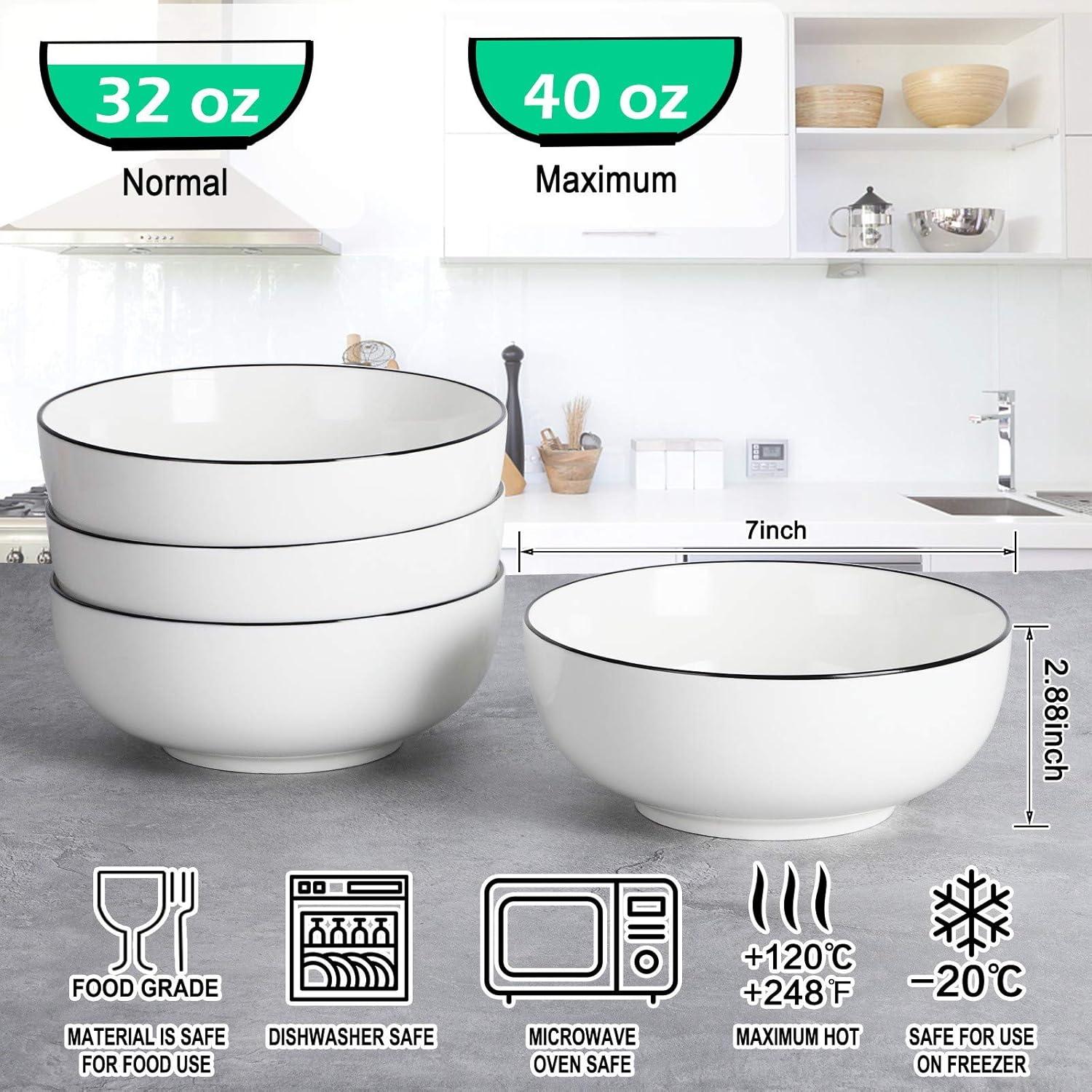 40 OZ Large Soup Bowls Set of 4, Fine Porcelain, White Ceramic Bowls for Ramen, Cereal, Pasta, Salad, and Fruit-Dishwasher & Microwave Safe