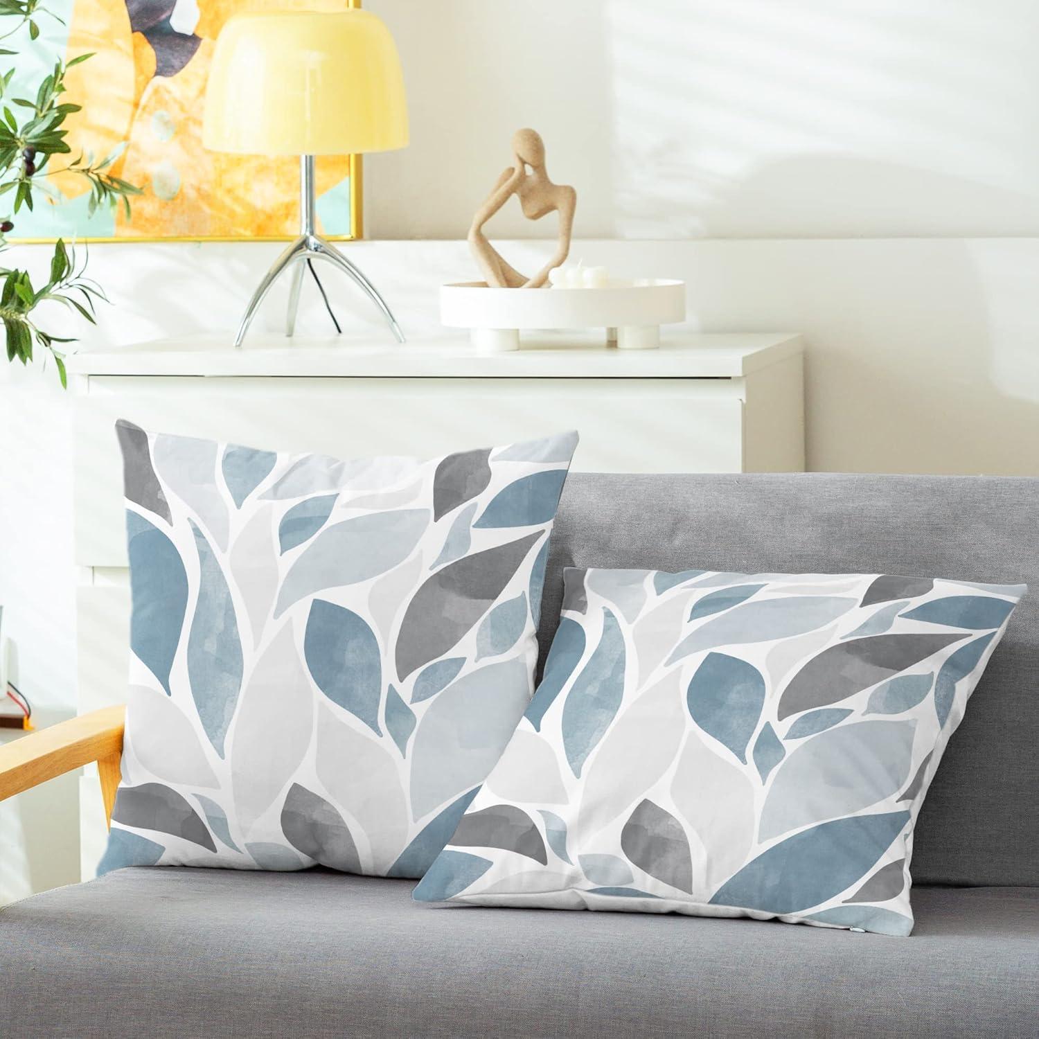 Art Deco Blue and Gray Polyester Floral Throw Pillow Set