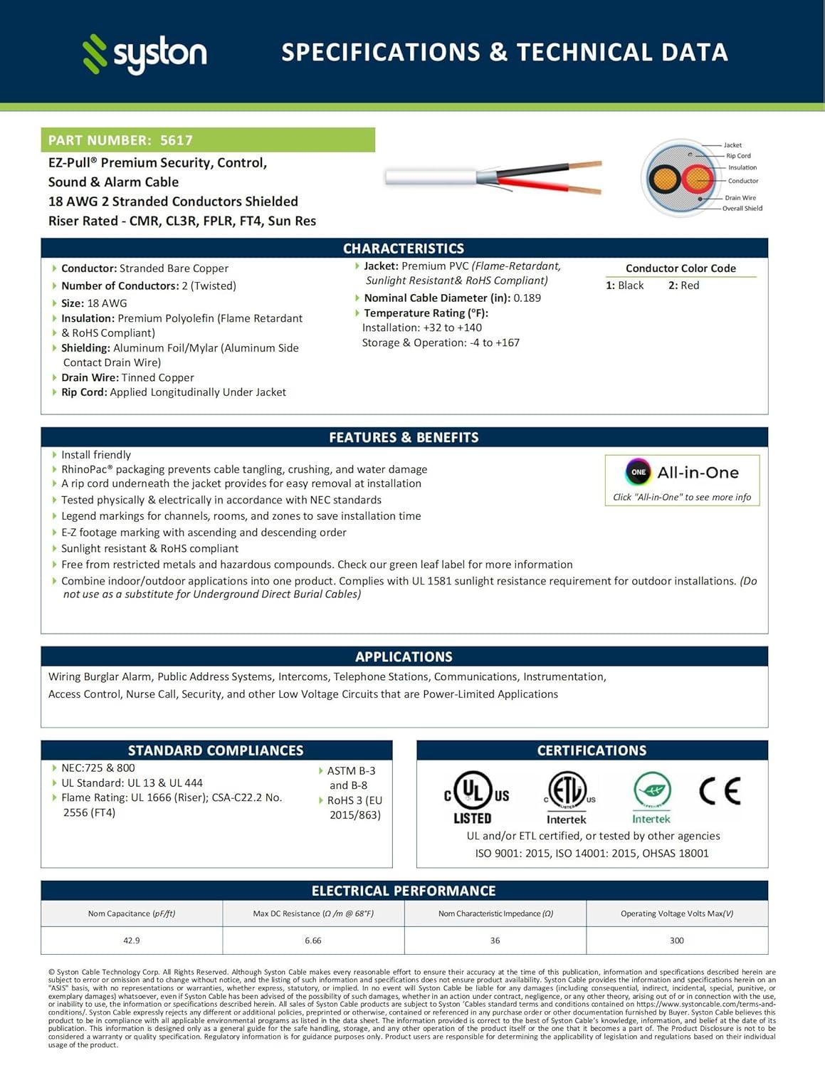 SYSTON 18/2 Fire Security Burglar Station Sound Alarm Control Cable Wire, Riser-Rated CMR/CL3R Shielded 100% Copper Stranded UL/ETL,UV Resistant RoHS for Indoor/Outdoor Low Voltage Applications Use