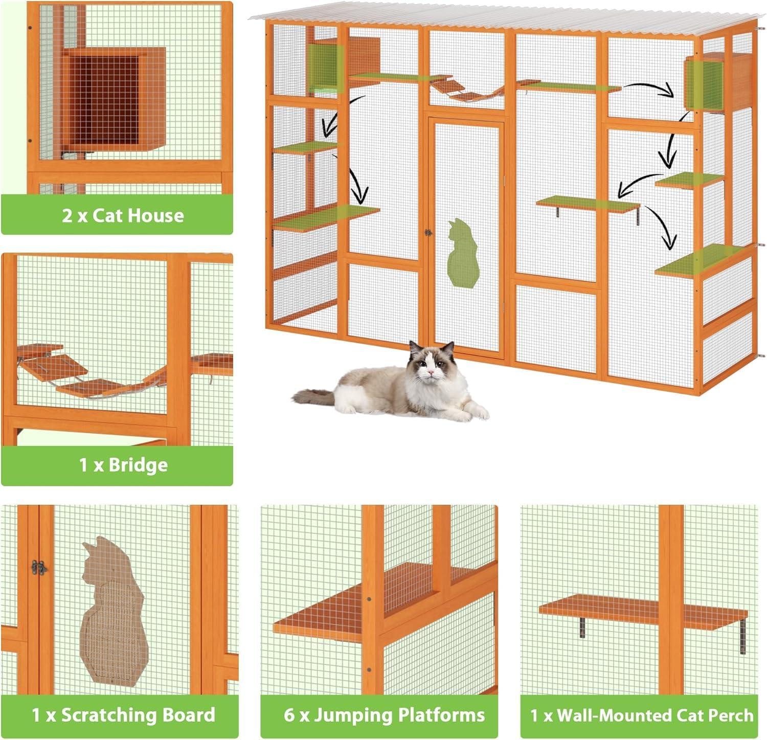 COZIWOW Outdoor Cat Enclosure, Catio Pet Safe House, 104" Extra Large Indoor Window Box with 7 Platforms, Resting Houses, and Walk-In Door, Orange