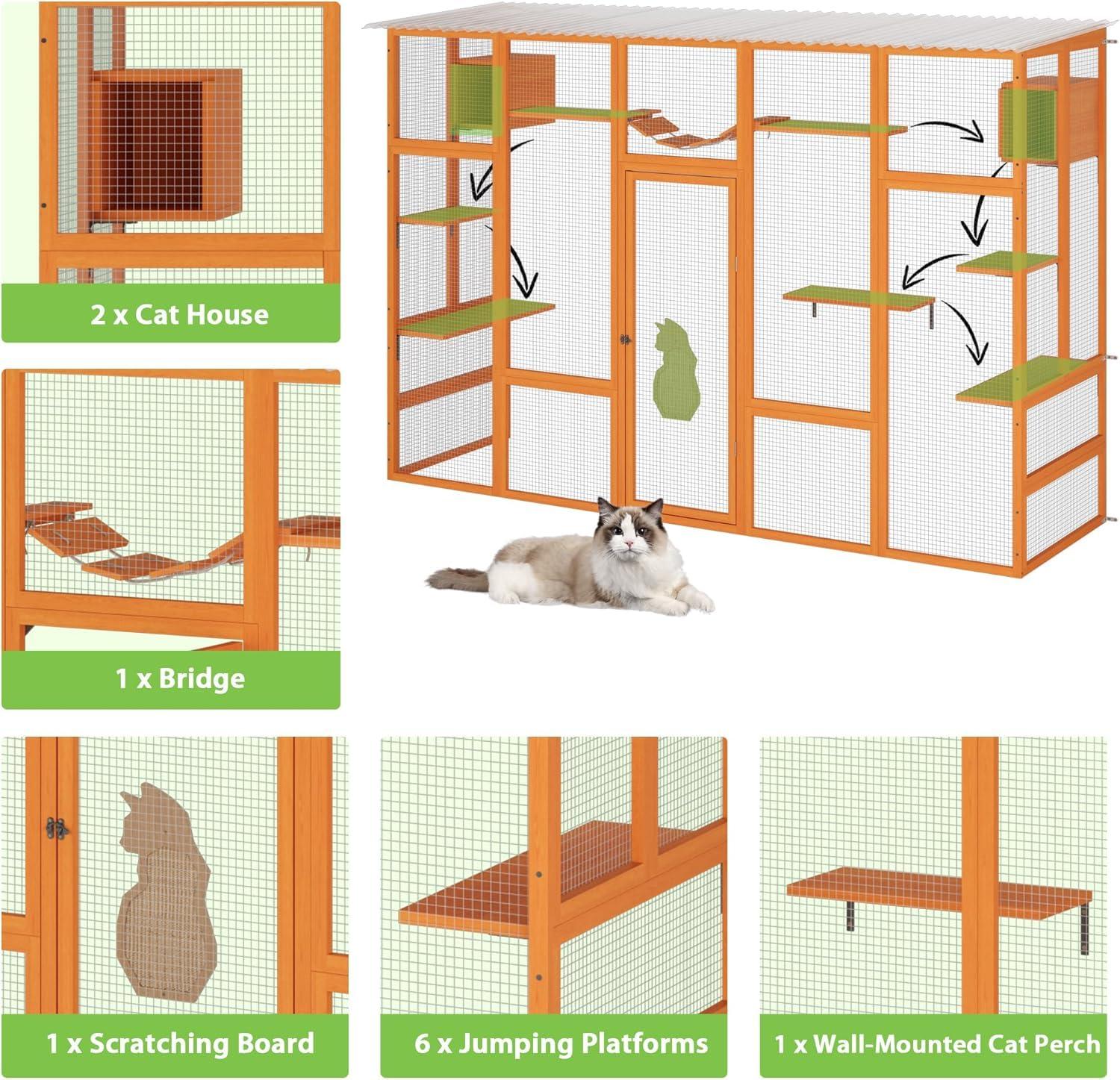 COZIWOW Outdoor Cat Enclosure, Catio Pet Safe House, 104" Extra Large Indoor Window Box with 7 Platforms, Resting Houses, and Walk-In Door, Orange