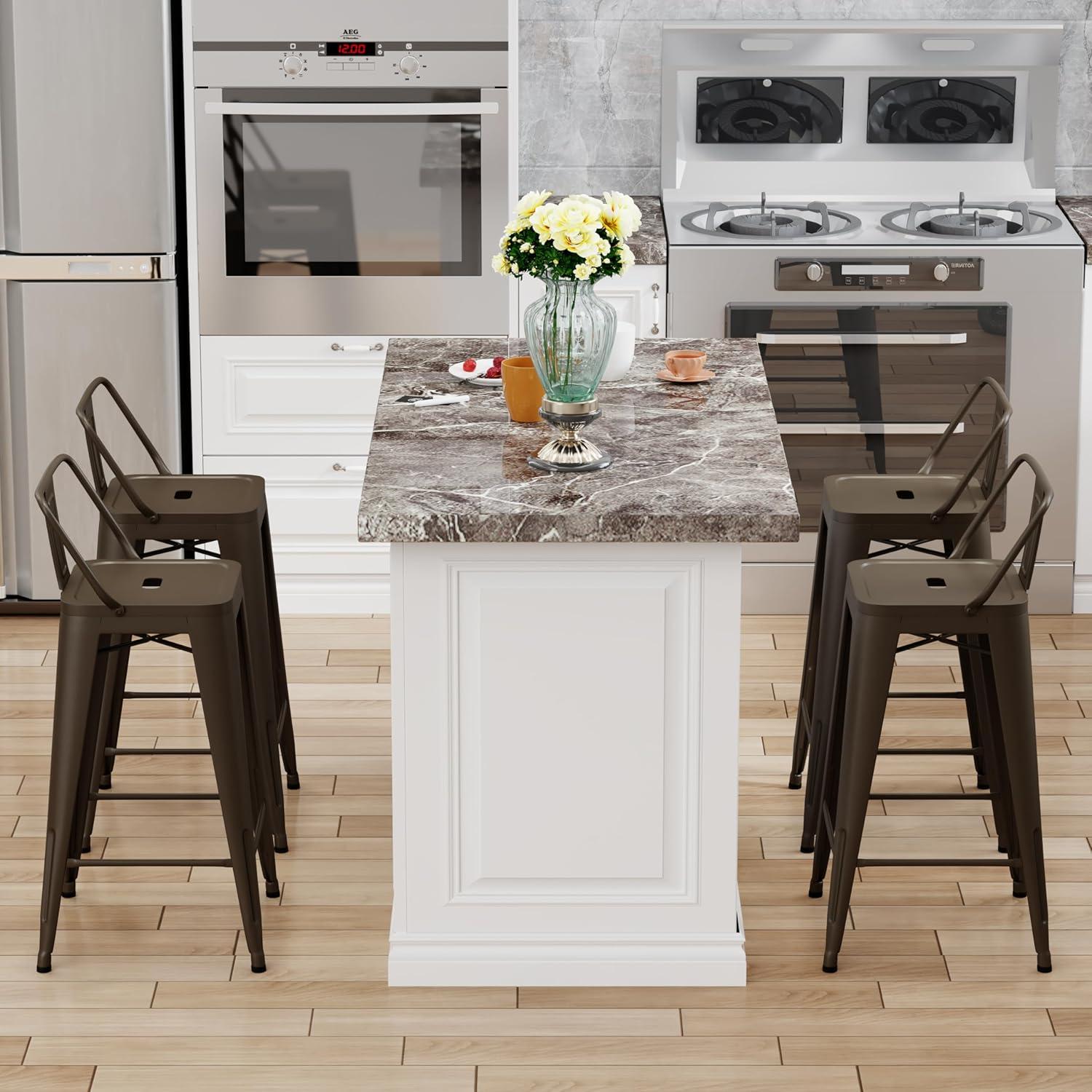 WENTMENT Bar Stools Set of 4 Counter Height Bar Stools Metal Barstools with Removable Back 30" Kitchen Bar Stools with Wooden Seat, Rusty