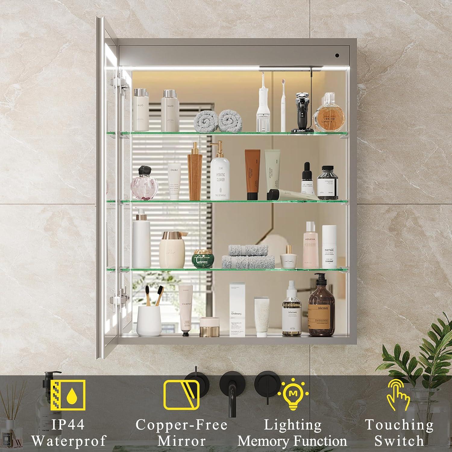 Ebern Designs Christhilde Medicine Cabinet with LED Mirror for Bathroom, Defog, Stepless Dimming, 3 Color Change, 2 Outlets, 2USB