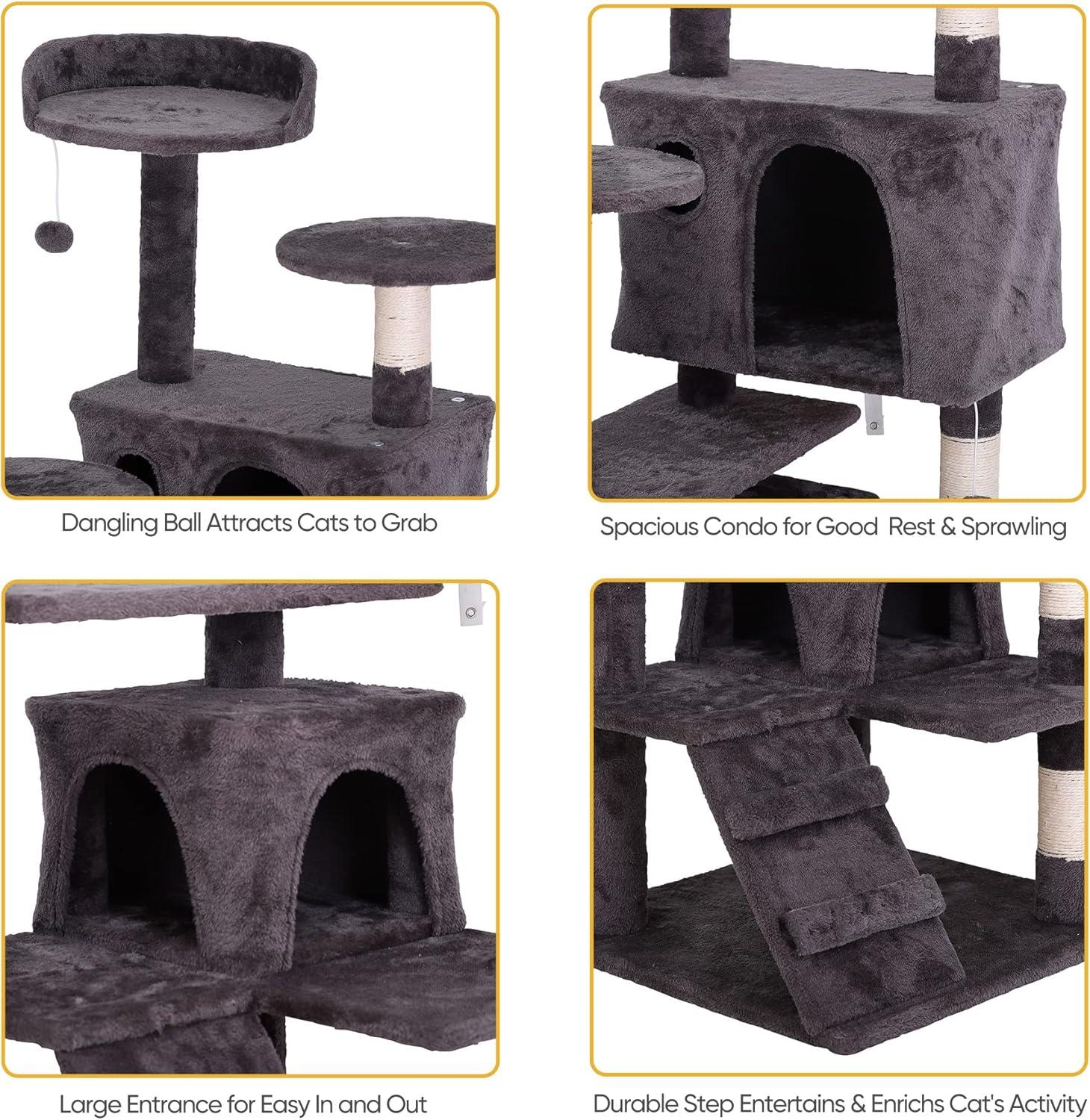 53 Inches Multi-Level Cat Tree Furniture Kitten Activity Play House Bed Pet Kitty Climbing Tower with Scratching Posts/Plush Perch/Scratcher Ladder/Tunnel for Cats,Kittens,Pets (Grey)