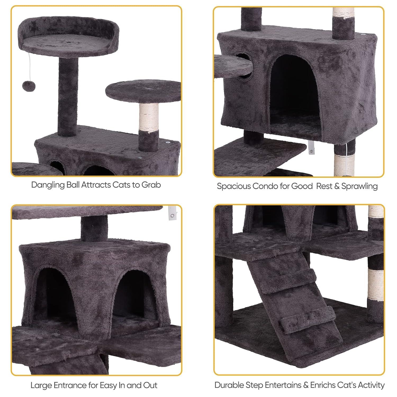 53 Inches Multi-Level Cat Tree Furniture Kitten Activity Play House Bed Pet Kitty Climbing Tower with Scratching Posts/Plush Perch/Scratcher Ladder/Tunnel for Cats,Kittens,Pets (Grey)
