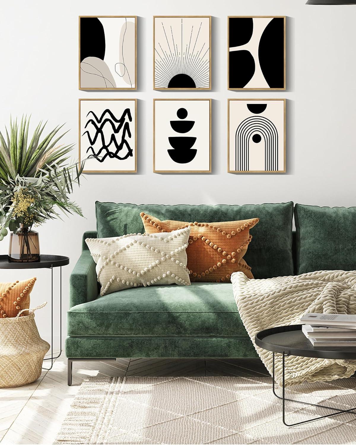 𝗗𝗿𝘀𝗼𝘂𝗺 Black Abstract Boho Wall Art Minimalist Geometric 𝗙𝗿𝗮𝗺𝗲𝗱 Wood Wall Decor Boho Room Decor Black Beige Art Canvas Painting Mid Century Modern Prints Bohemian Posters for Bedroom Kitchen Office