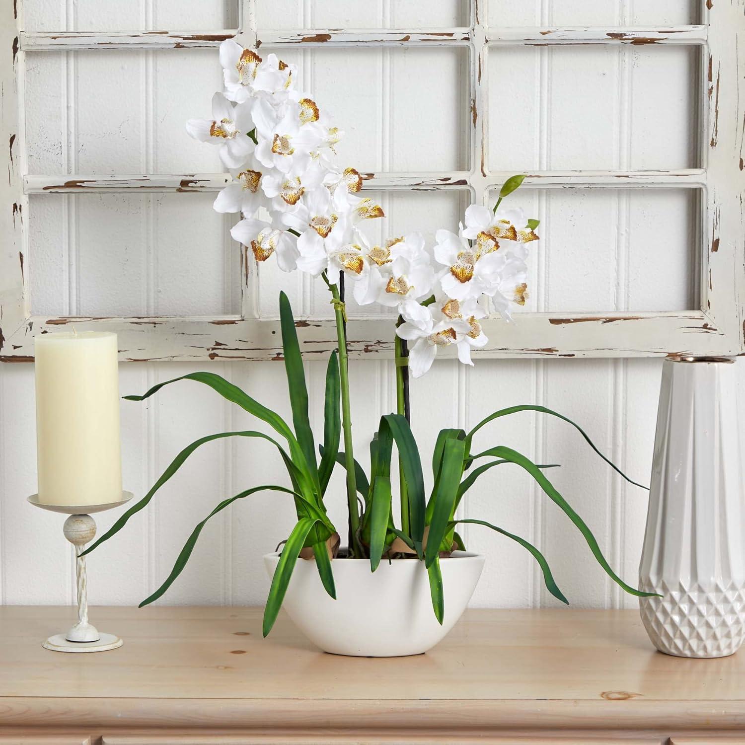 Nearly Natural Cymbidium with White Vase Silk Flower Arrangement