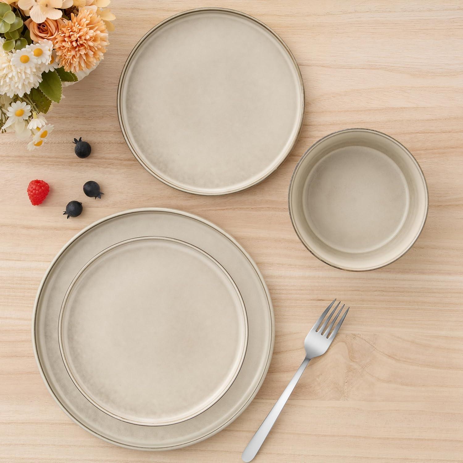 HaWare Dinnerware Sets, 16-Piece Stoneware Dinner Plates and Bowls for 4, Reactive Glaze Dishes Mug, Chip & Scratch Resistant, Microwave & Dishwasher Safe - Reactive Khaki