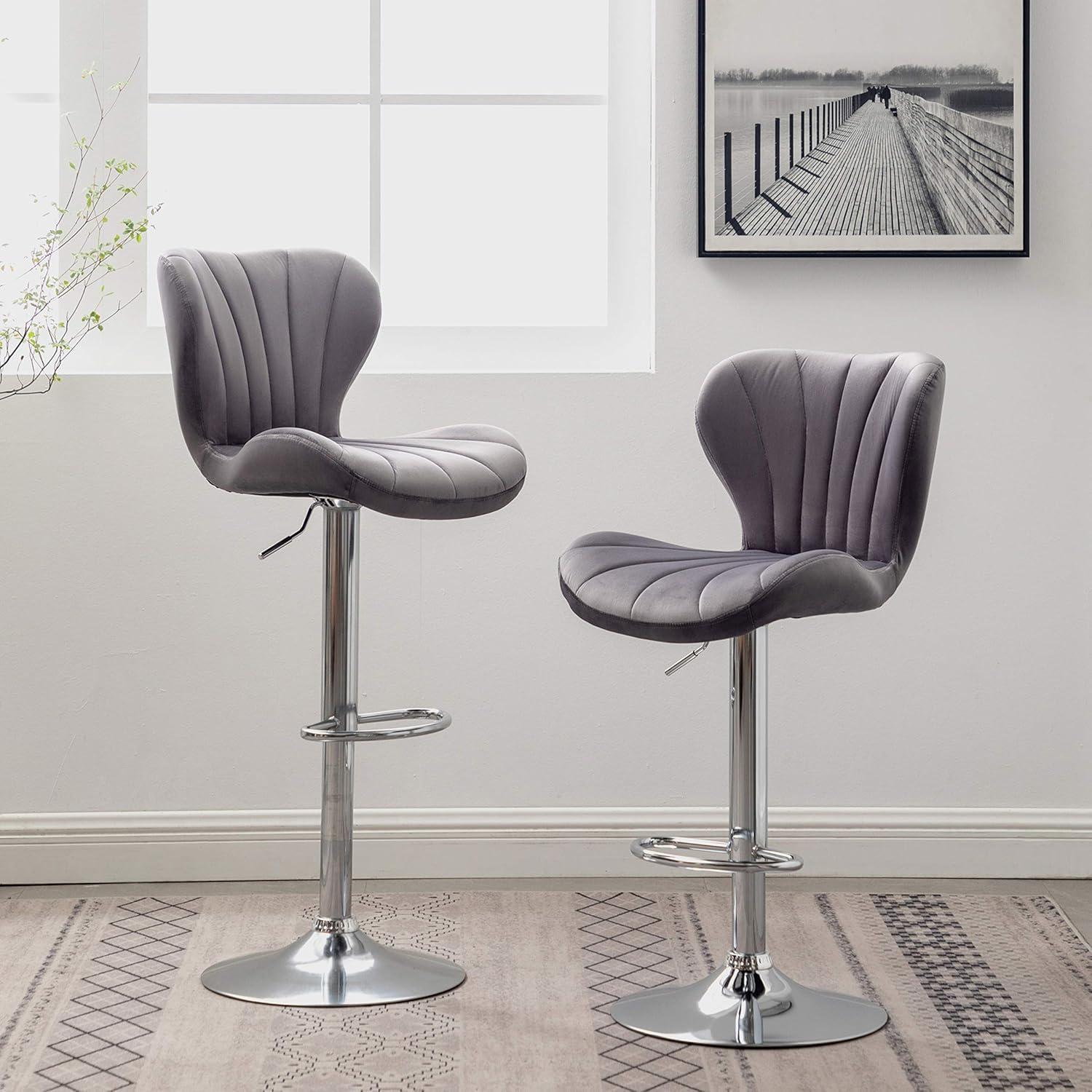 Gray Velvet Adjustable Swivel Barstools with Chrome Base, Set of 2