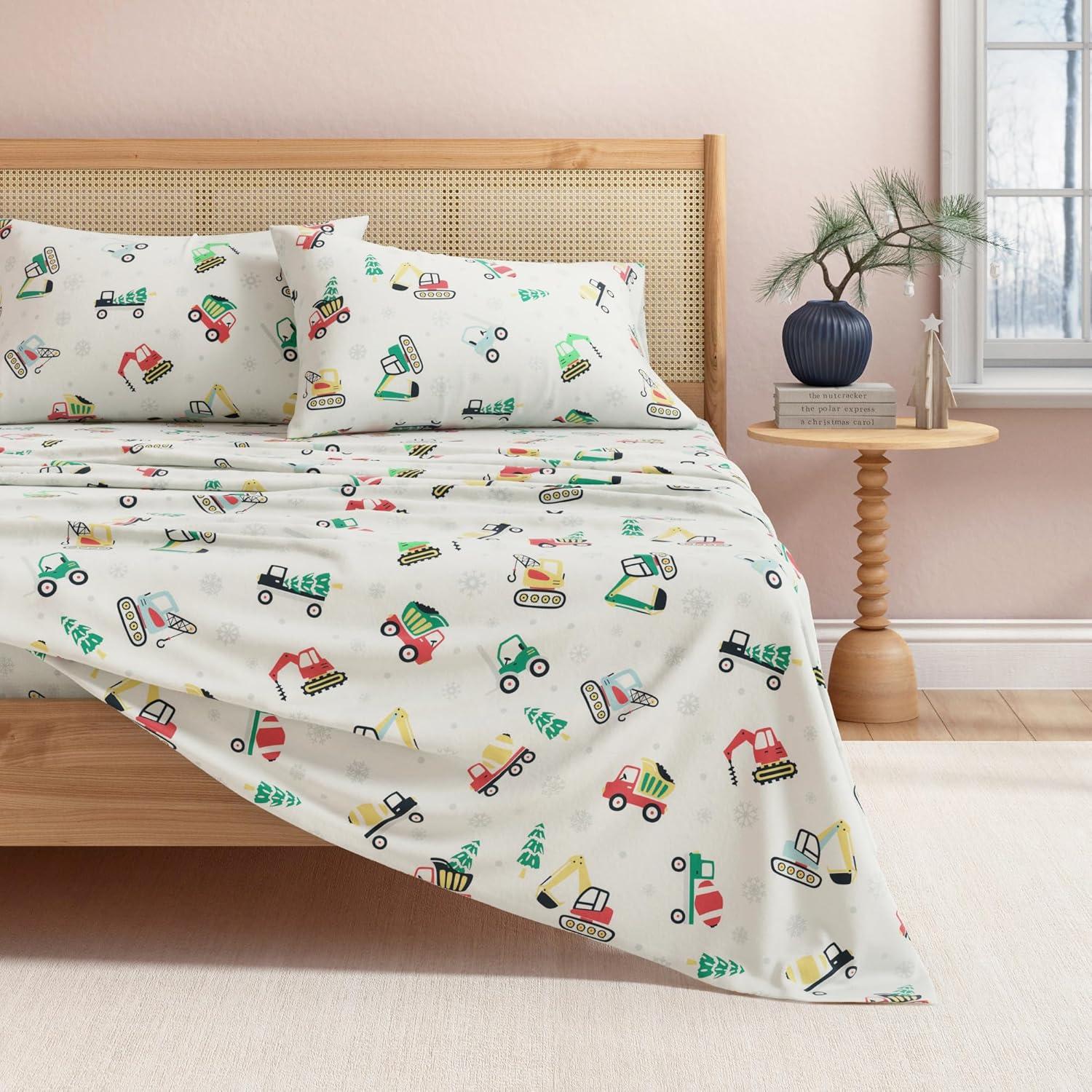 100% Cotton Christmas Flannel Sheets - Great Bay Home (Twin, Christmas Toy Trucks)